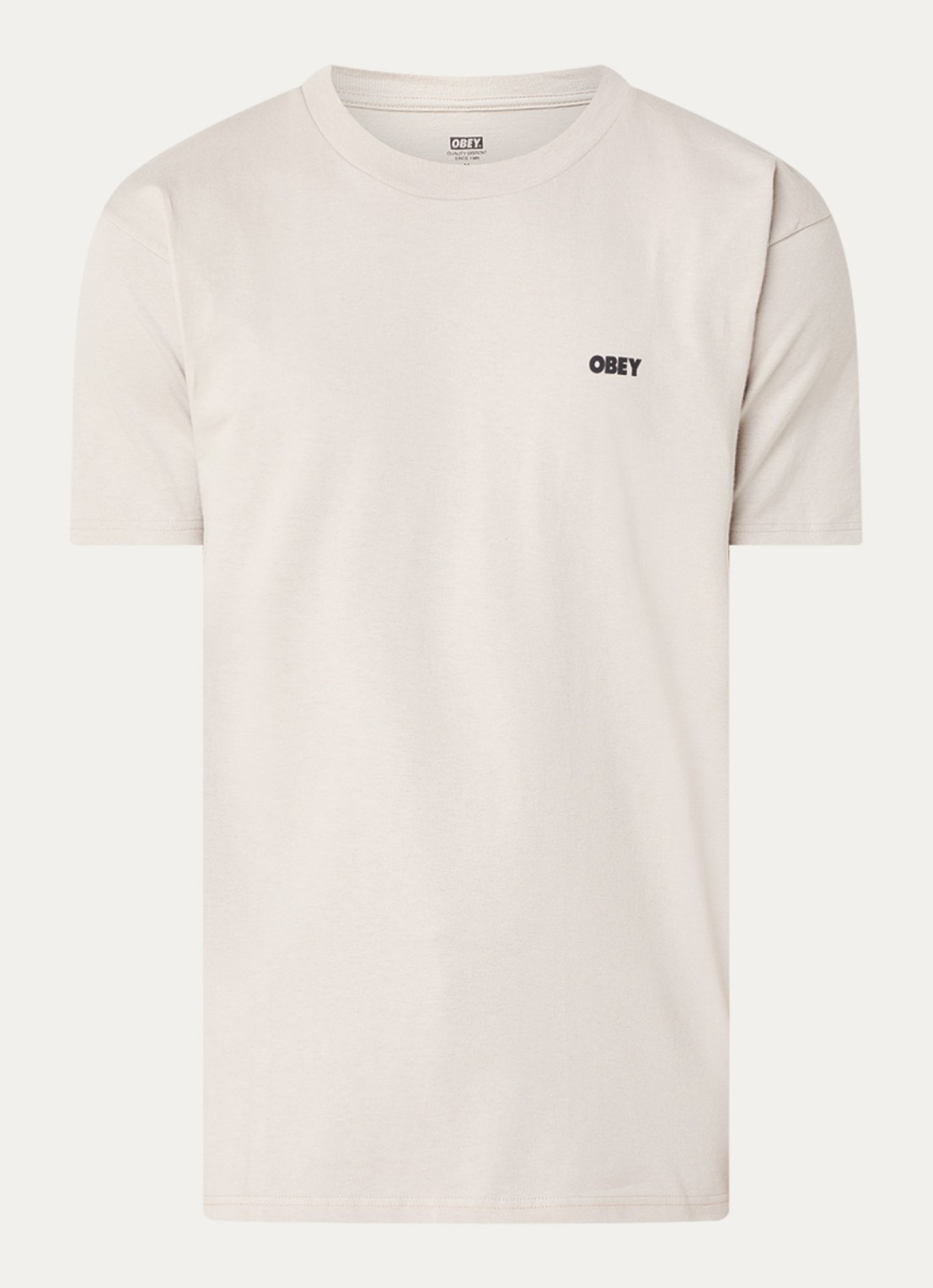 Obey Eyes Open Mind Open T-shirt met logo- en backprint - voorkant beige
