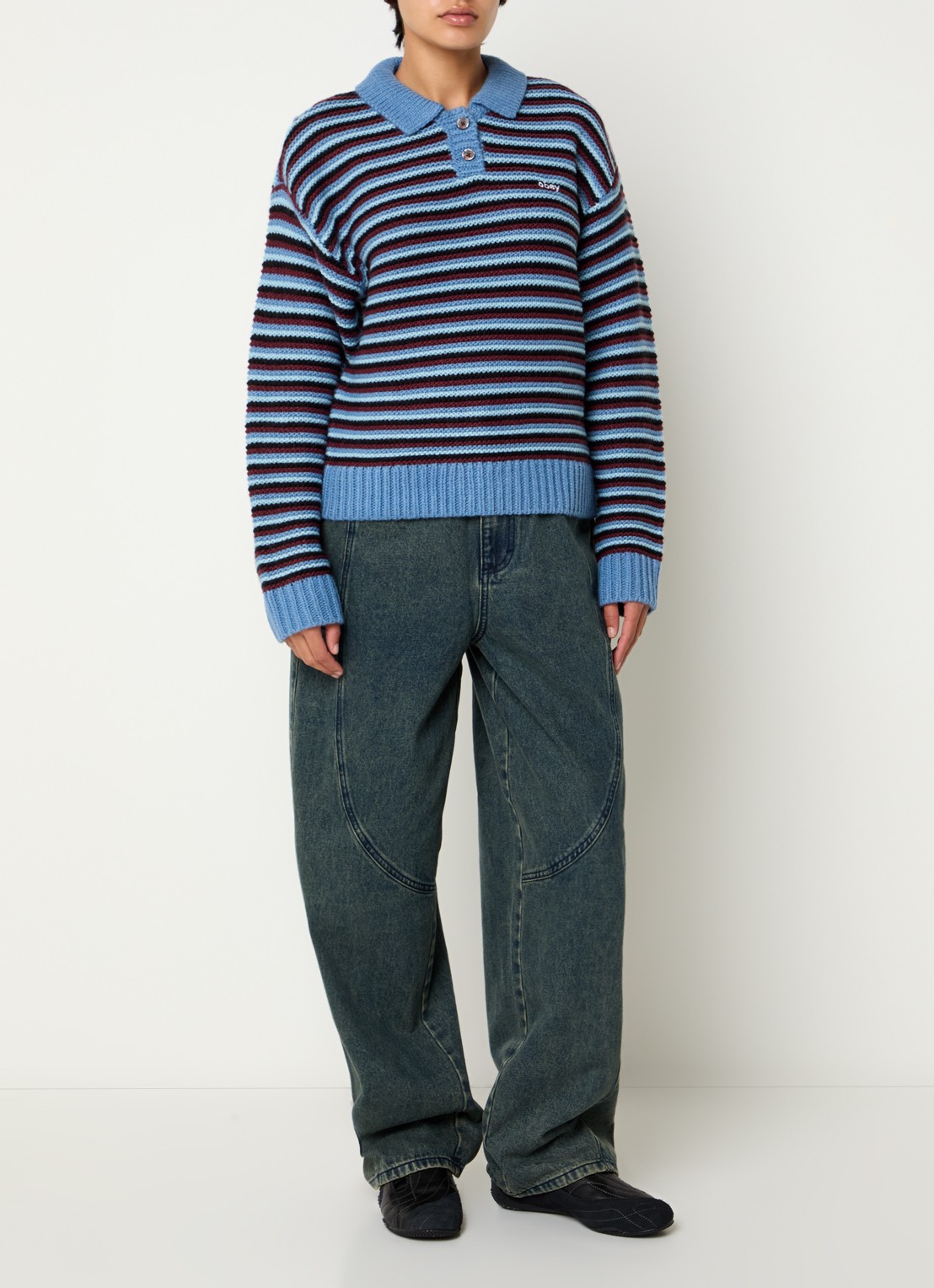 Obey Grofgebreide trui in wolblend met steepprint - voorkant 4 blauw