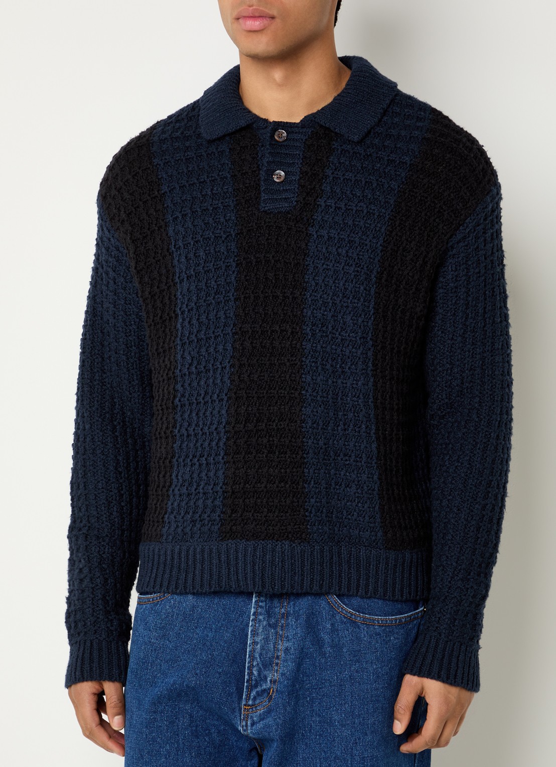 Obey Grofgebreide trui met polokraag - detail 4 donkerblauw
