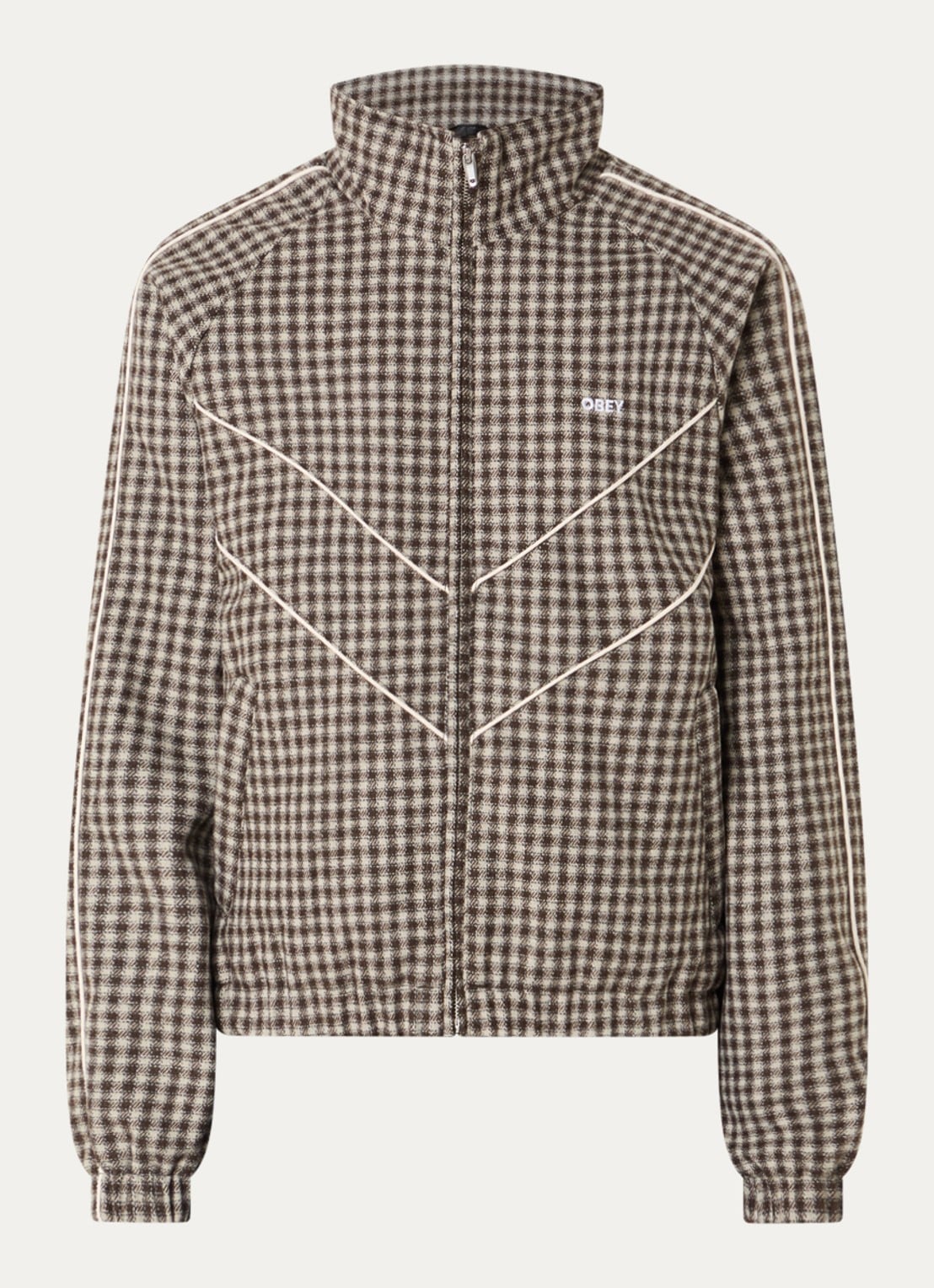 Obey Leisure gewatteerd jack in wolblend met ruitdessin - voorkant beige