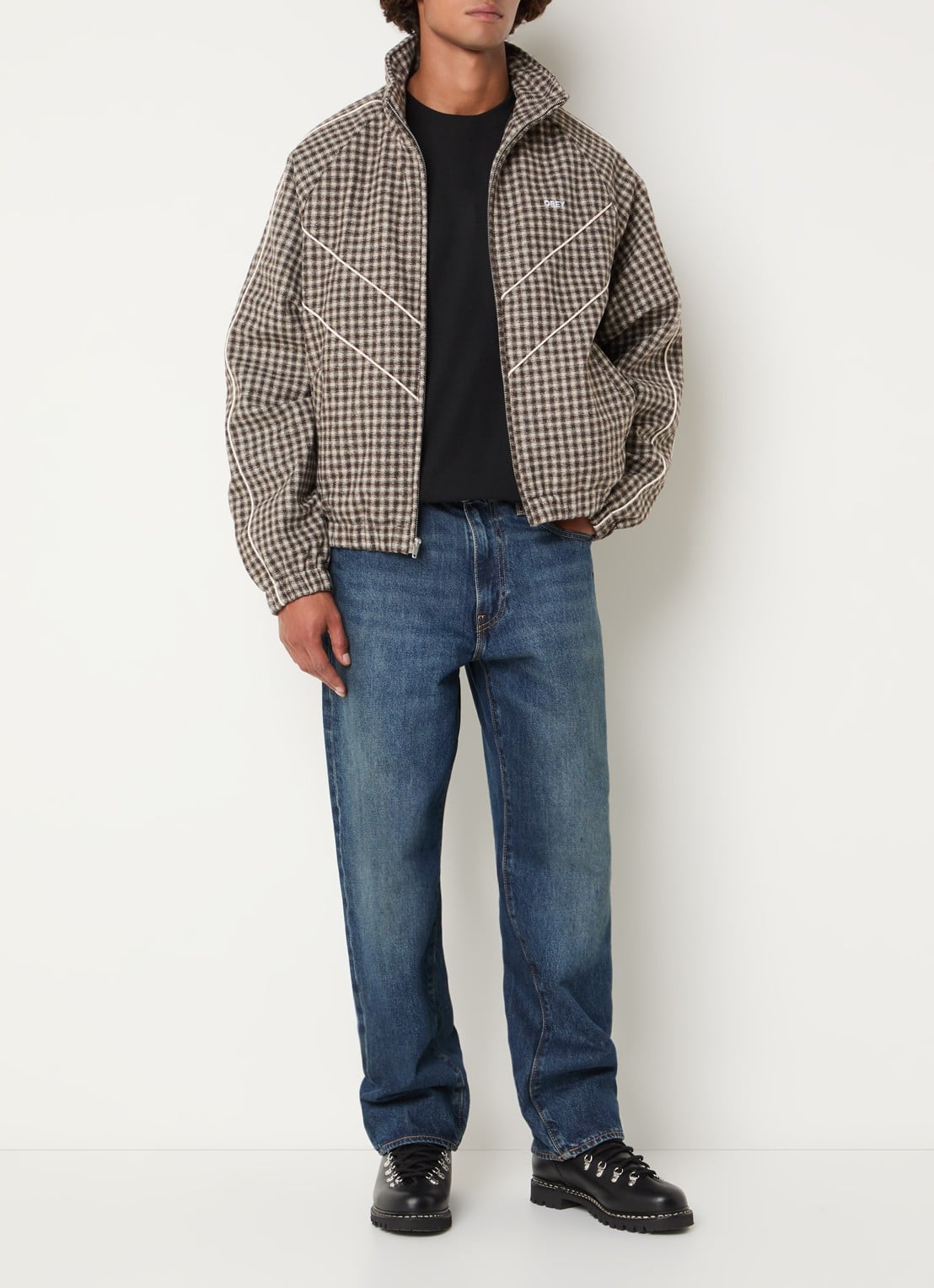Obey Leisure gewatteerd jack in wolblend met ruitdessin - voorkant 2 beige