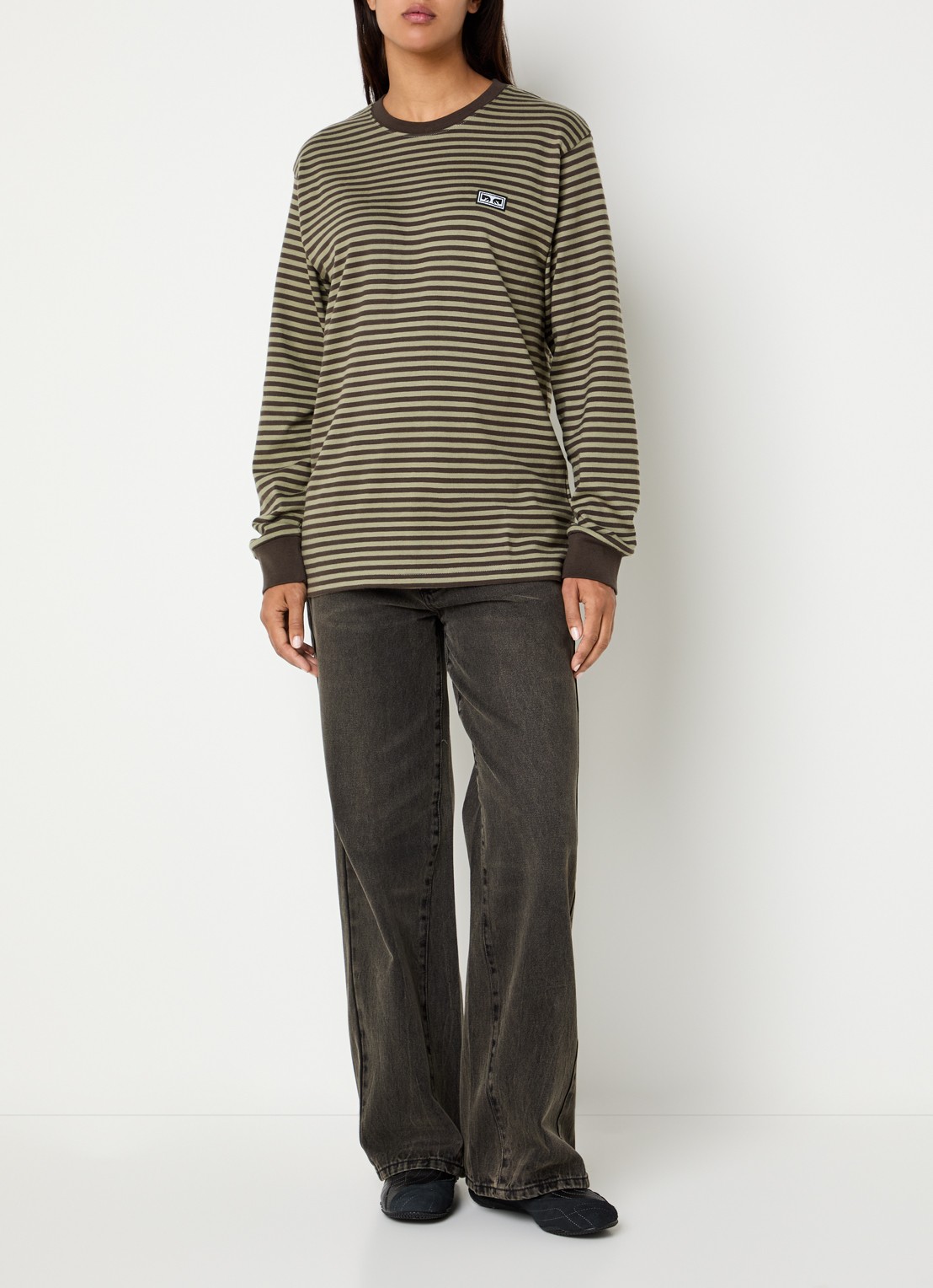 Obey Long sleeve met streepprint en logo - voorkant 3 lichtgrijs