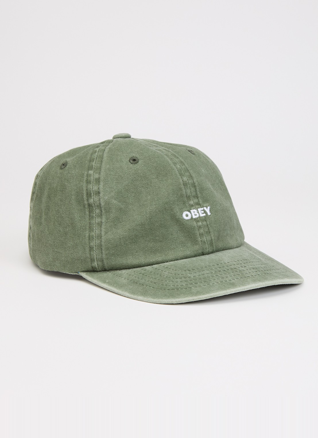 Obey Pet van denim met logoborduring - voorkant olijfgroen