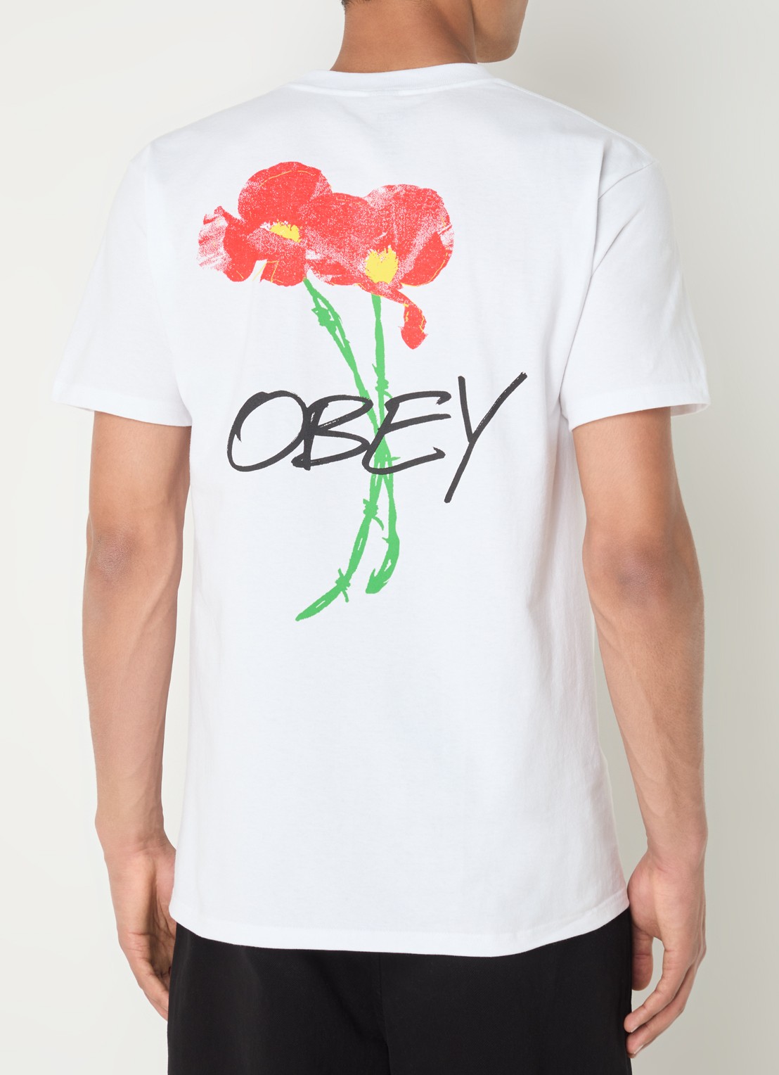 Obey Poppies T-shirt logo- en backpint - detail wit