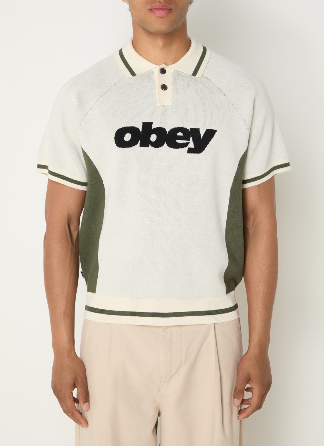 Obey Regular fit fijngebreide polo met logo - detail beige