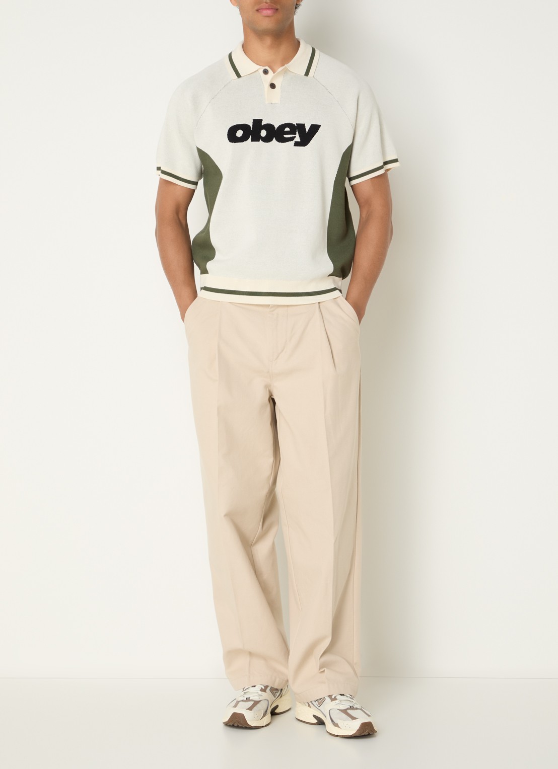 Obey Regular fit fijngebreide polo met logo - voorkant 3 beige
