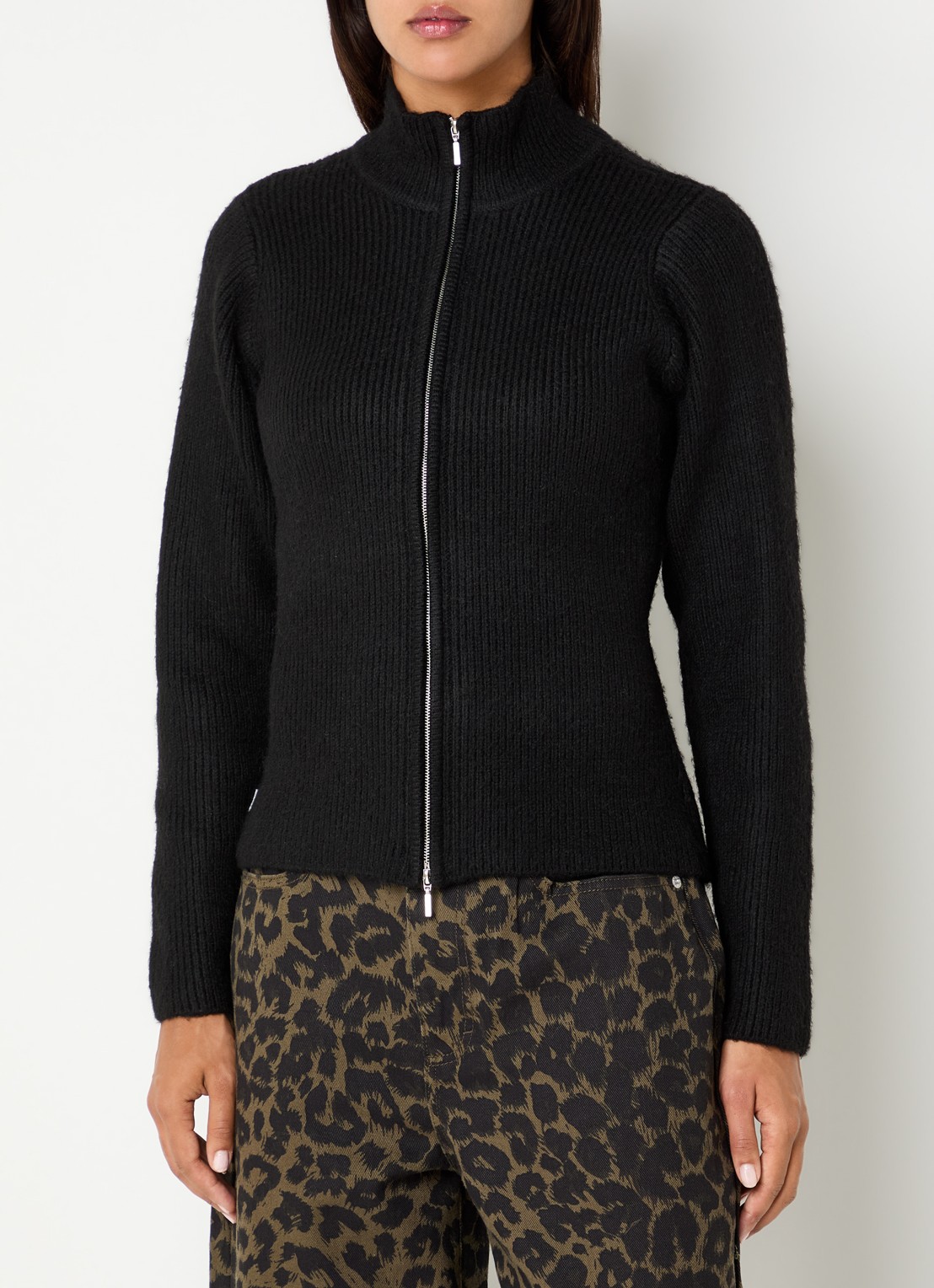 Obey Ribgebreid vest met ritssluiting - detail zwart