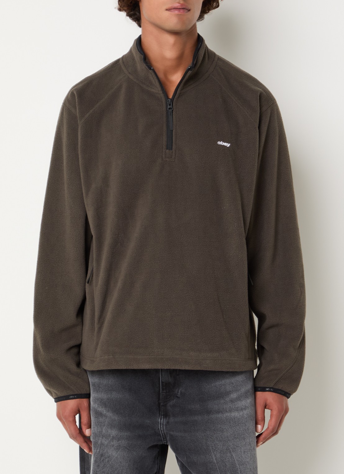 Obey Vetta pullover van fleece met halve rits - detail olijfgroen