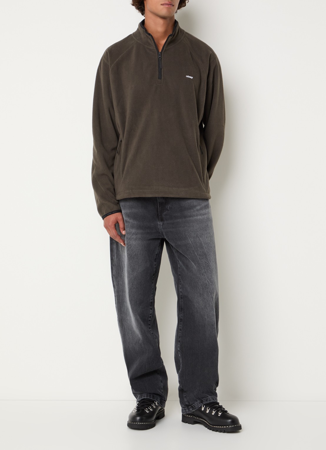 Obey Vetta pullover van fleece met halve rits - voorkant 3 olijfgroen