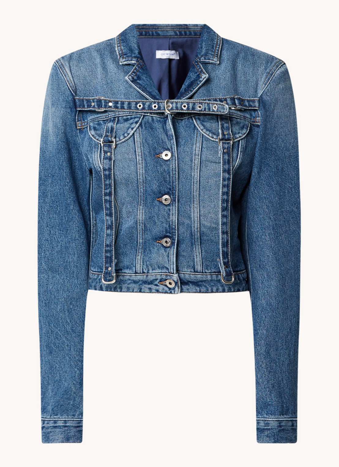 Off-White Cargo cropped spijkerjas met schoudervulling - voorkant 2 indigo