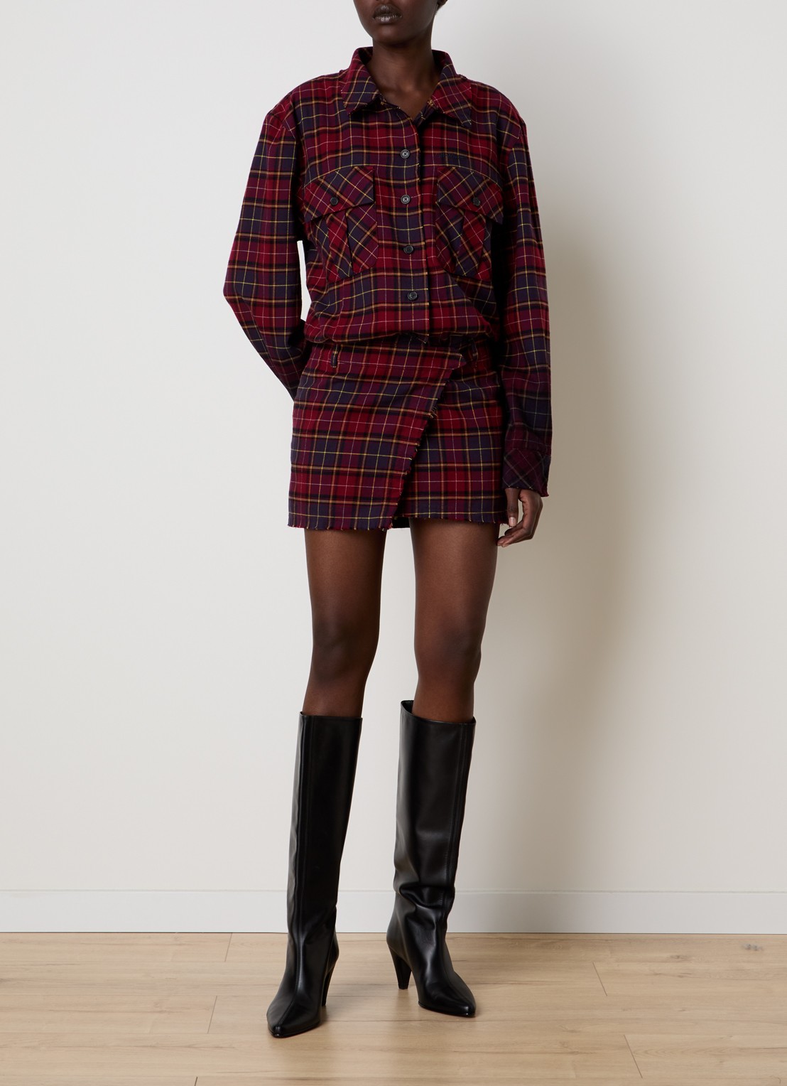 Off-White Check blouse met ruitdessin - voorkant 5 bordeauxrood