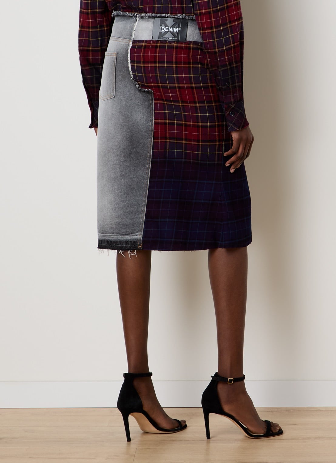 Off-White Check high waist midi spijkerrok met ruitdessin - achterkant 5 zwart