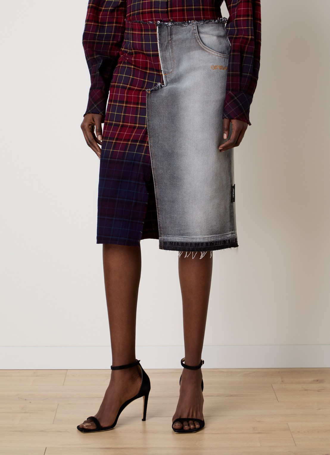 Off-White Check high waist midi spijkerrok met ruitdessin - detail 3 zwart