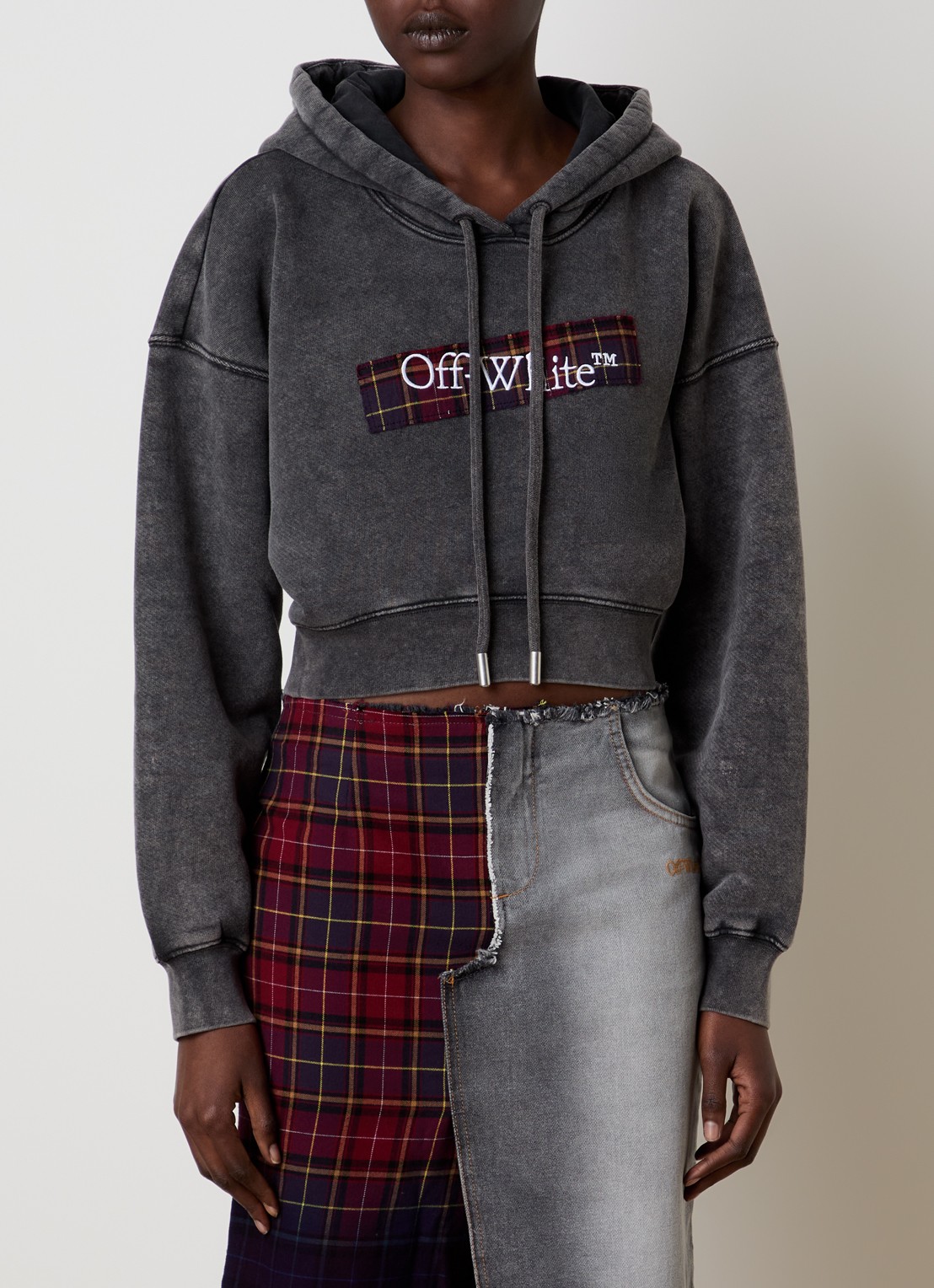 Off-White Check hoodie met logo - detail antraciet