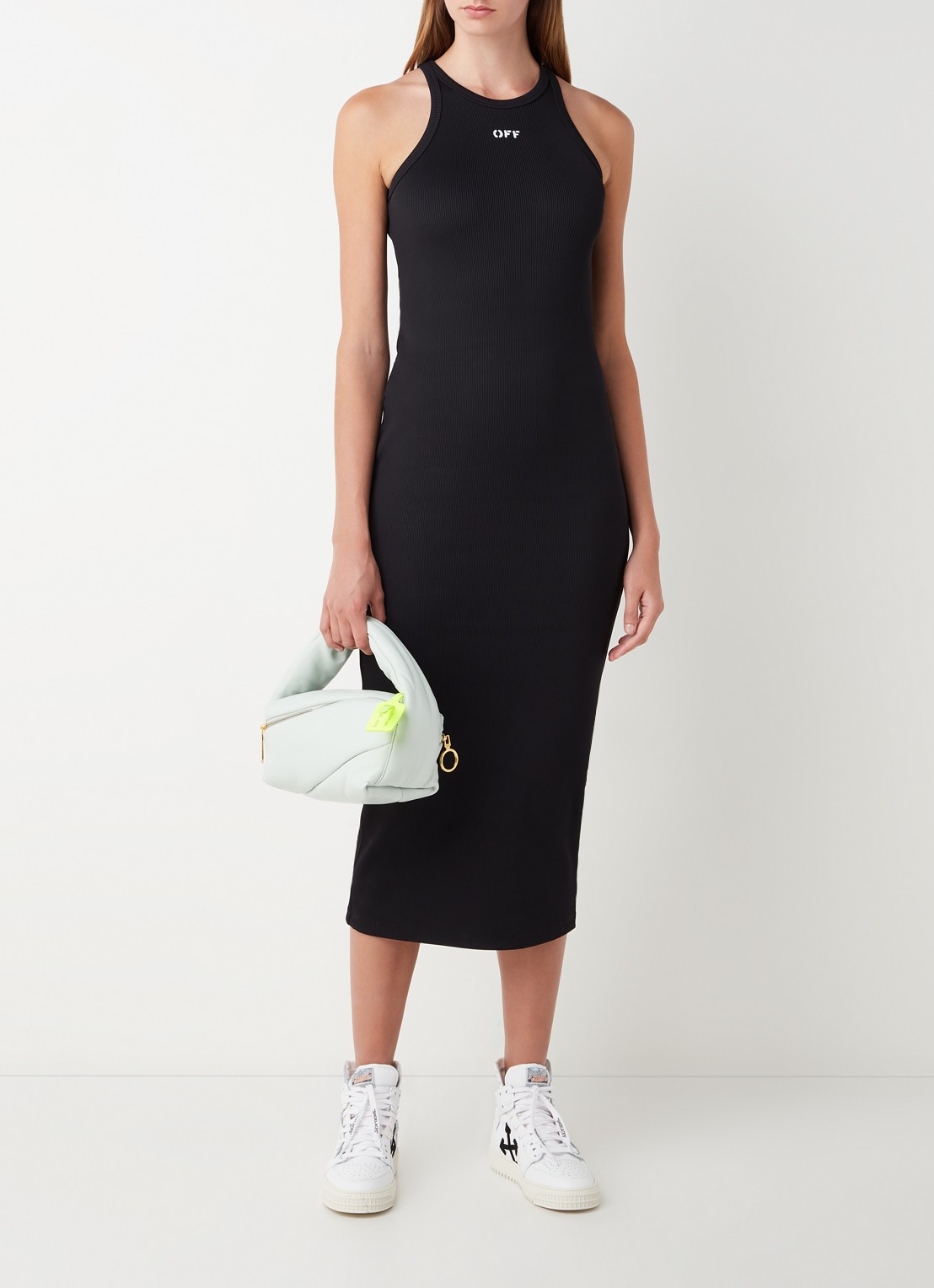 Off-White Lux midi jurk met logoprint en ribstructuur - voorkant 2 zwart