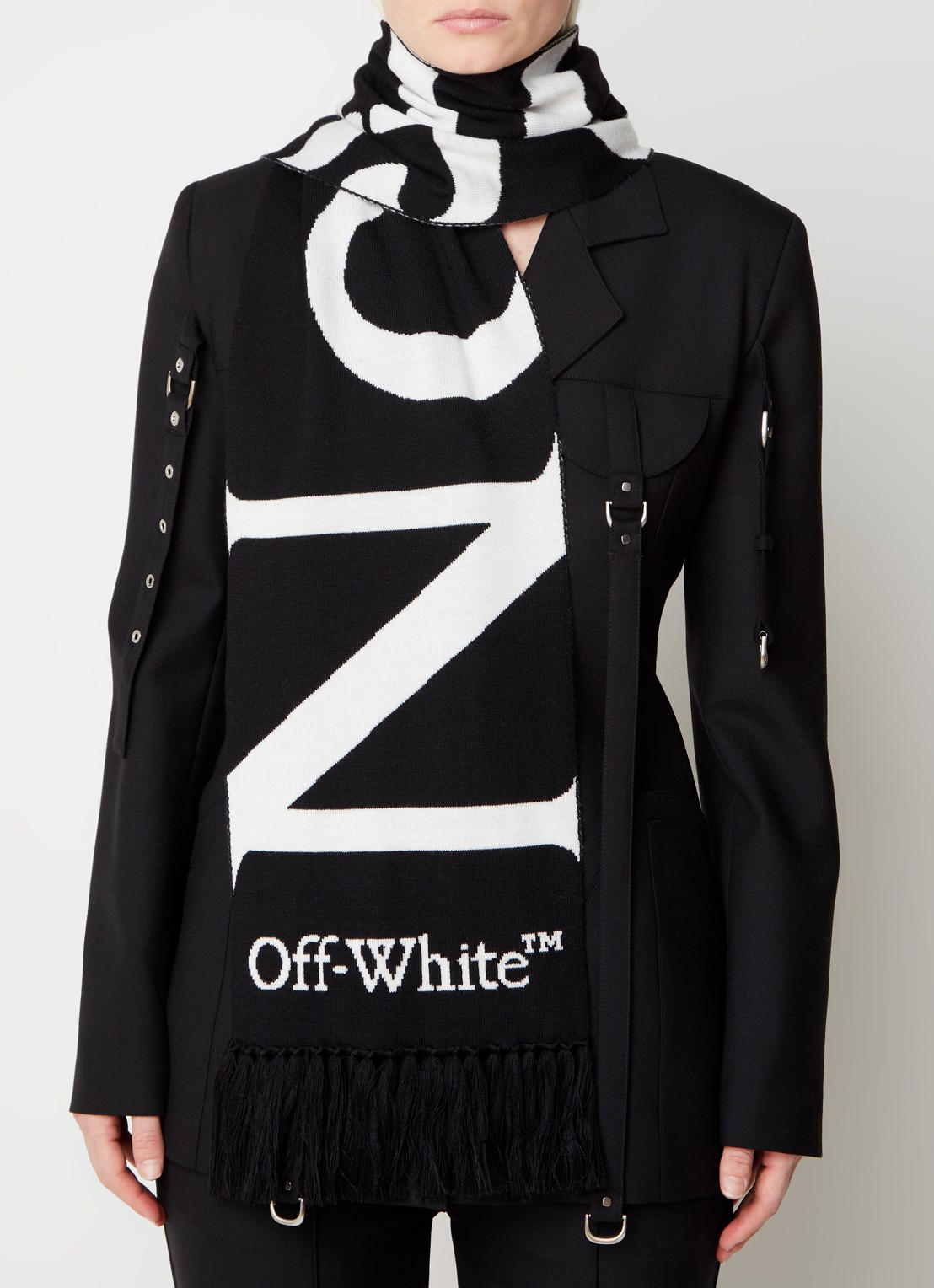 Off-White No Offence sjaal van scheerwol met logo 220 x 25 cm - voorkant 4 zwart