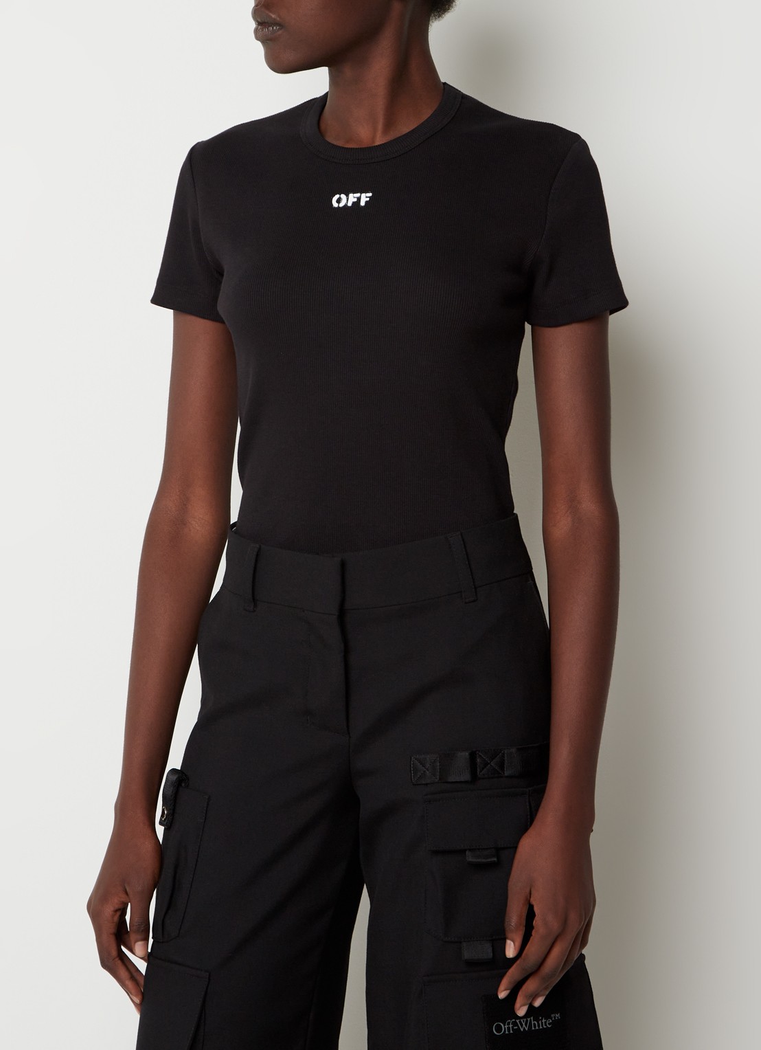 Off-White Off Stamp ribgebreide T-shirt met logo - detail 2 zwart