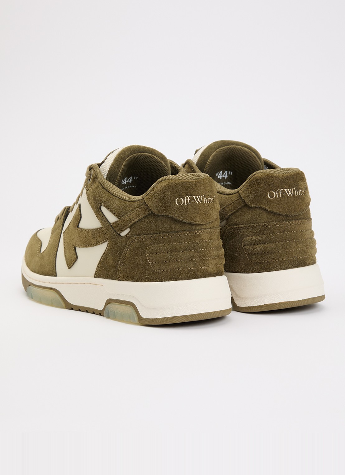 Off-White Out Of Office sneaker van kalfsleer met kalfssuède details - achterkant olijfgroen
