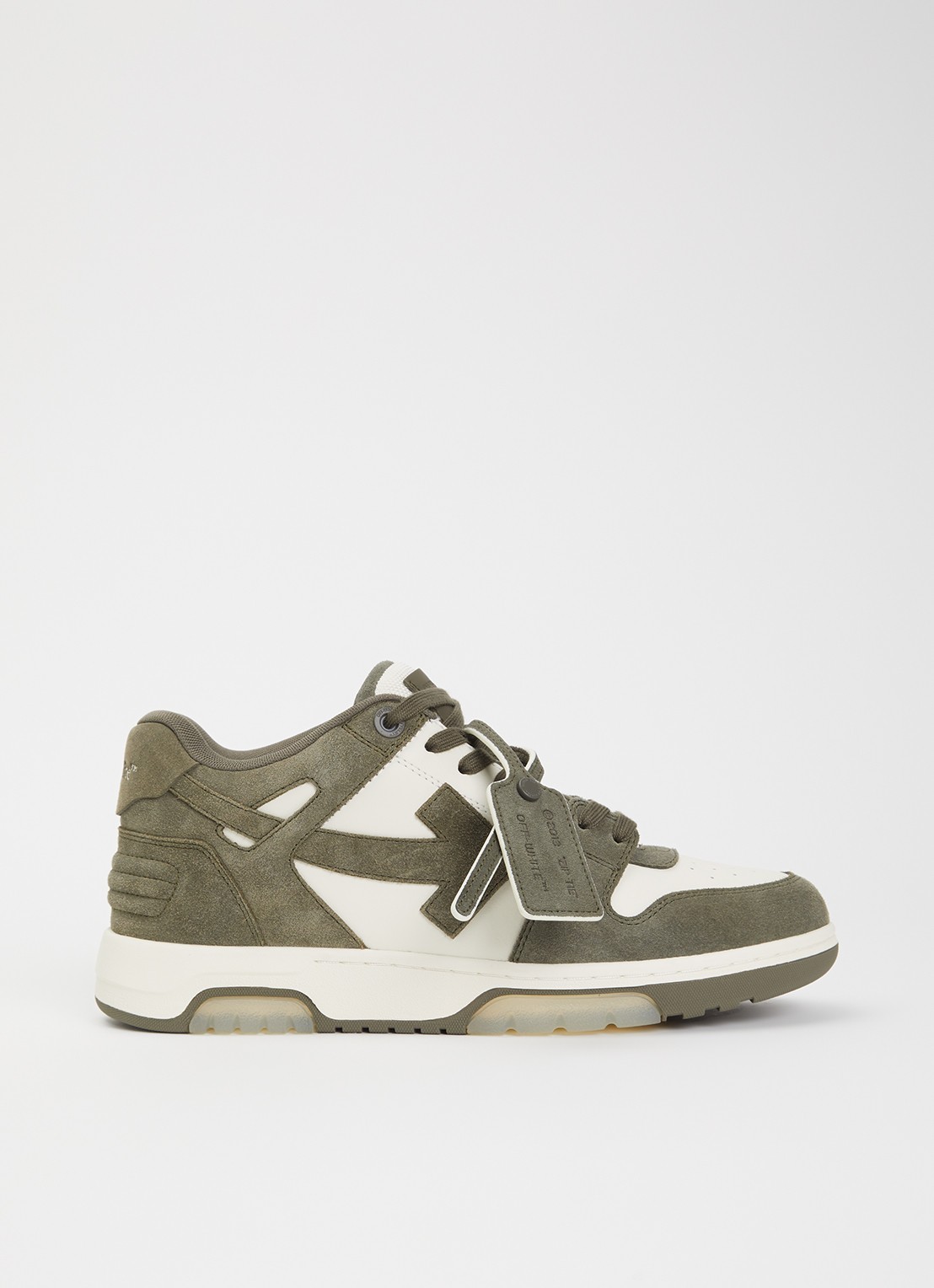 Off-White Out Of Office sneaker van kalfsleer met suède details - voorkant olijfgroen