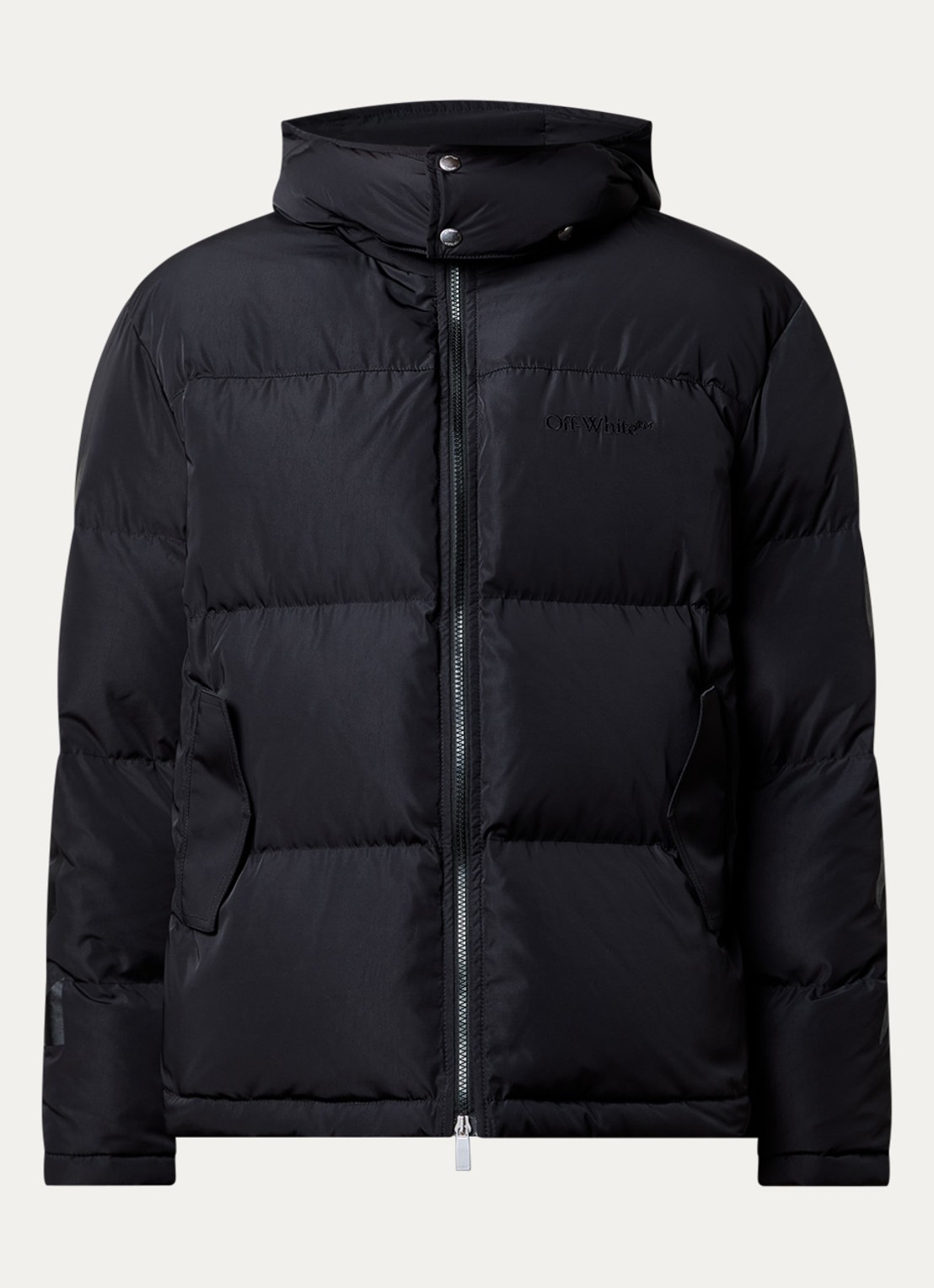 Off-White Puffer jack met donsvulling en afneembare capuchon - voorkant 5 zwart