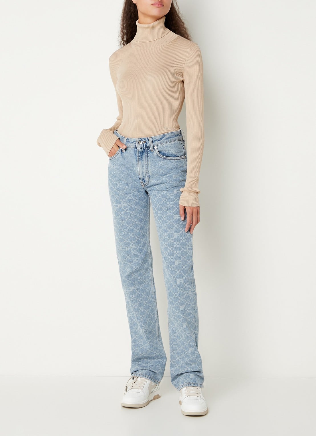 Off-White Ribgebreide coltrui met stretch - voorkant 3 steenrood