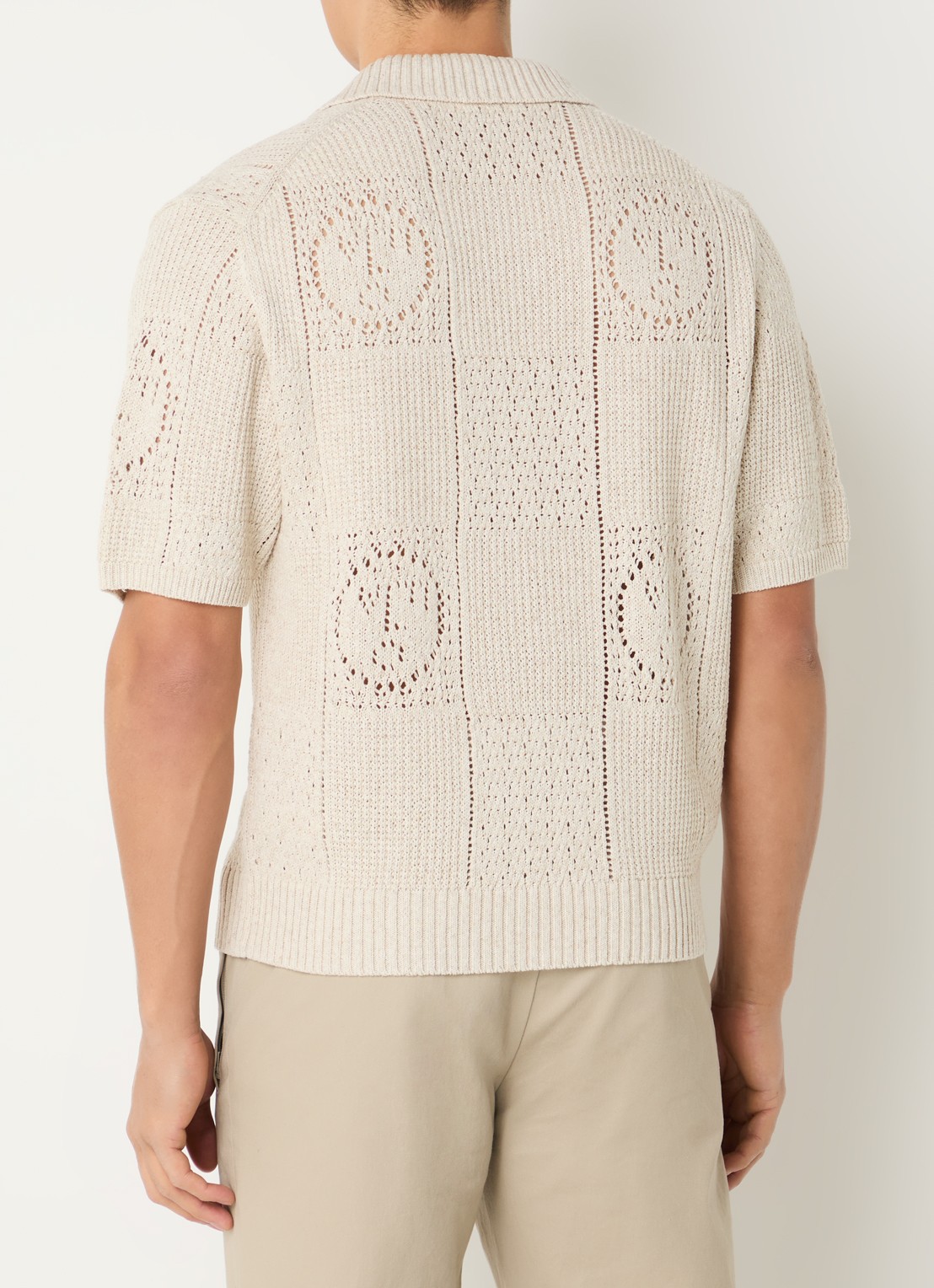 OLAF Grofgebreide regular fit polo in linnenblend met opengewerkt dessin - achterkant beige