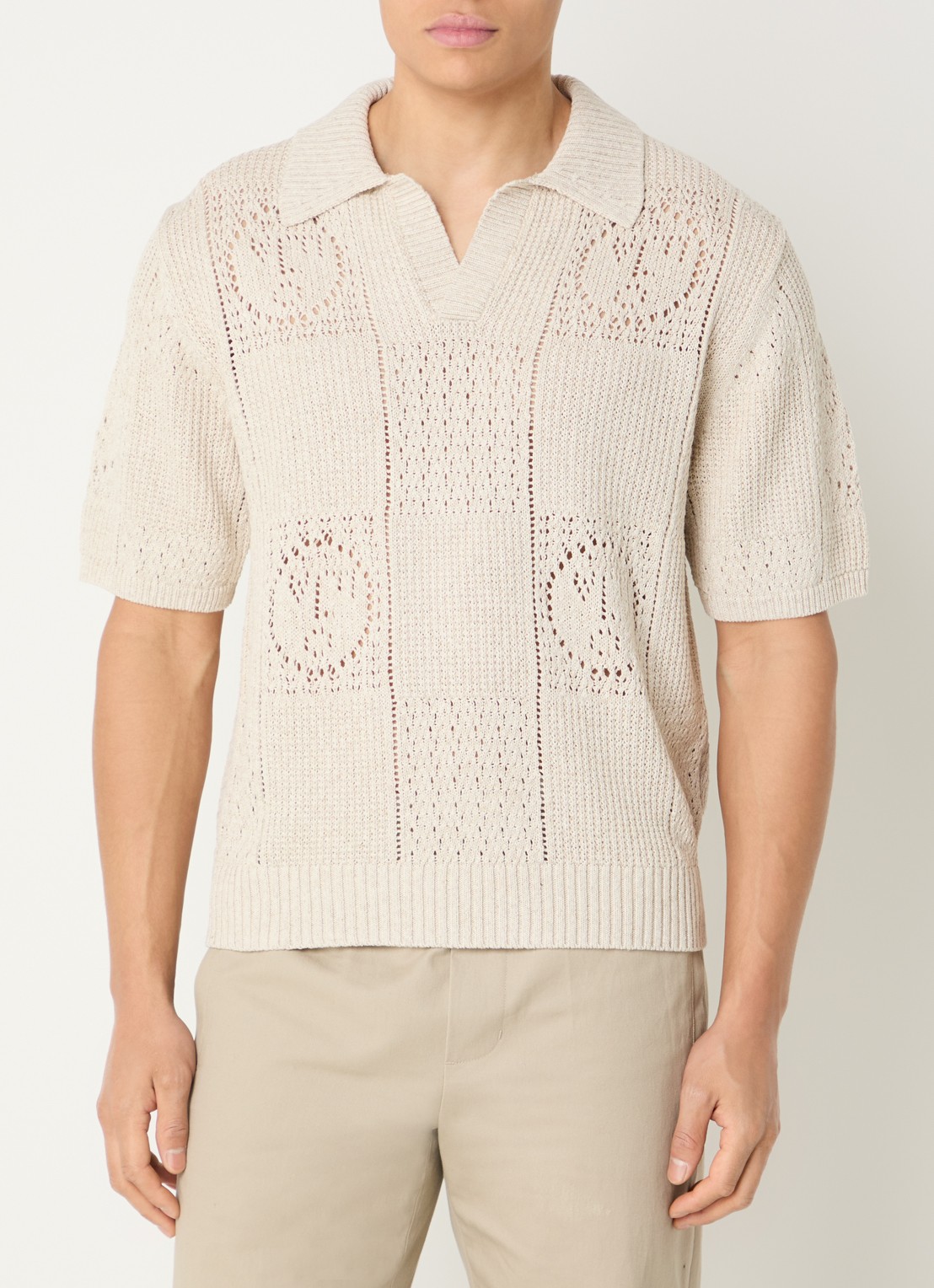 OLAF Grofgebreide regular fit polo in linnenblend met opengewerkt dessin - detail 2 beige