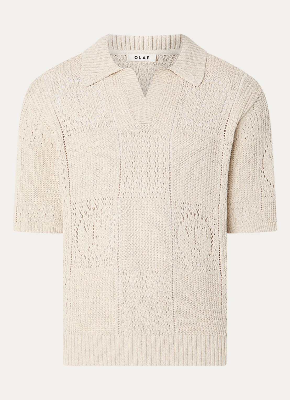 OLAF Grofgebreide regular fit polo in linnenblend met opengewerkt dessin - voorkant 3 beige