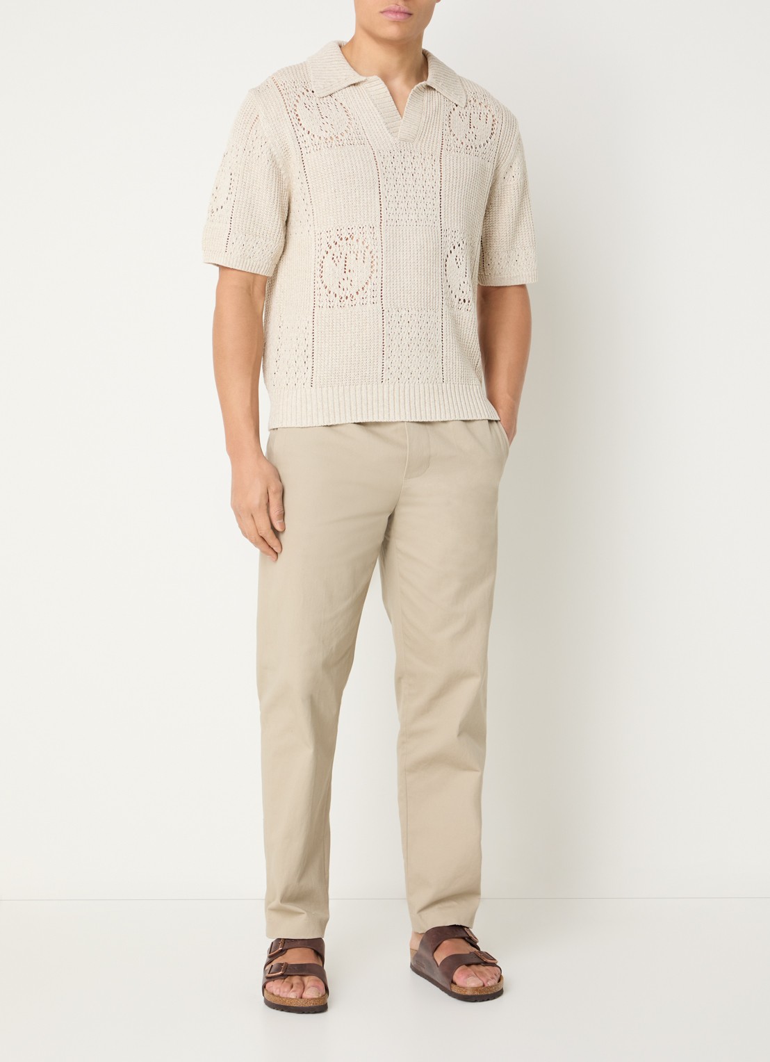 OLAF Grofgebreide regular fit polo in linnenblend met opengewerkt dessin - voorkant 4 beige