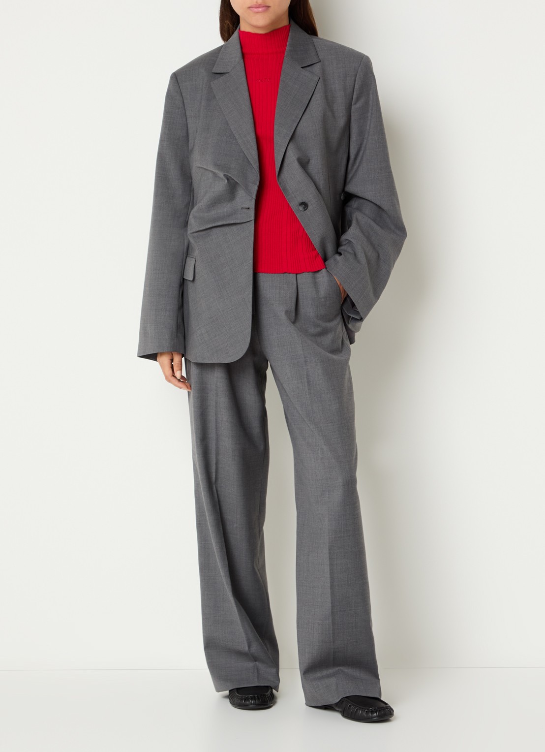 OLAF High waist loose fit pantalon in wolblend - voorkant 2 donkergrijs