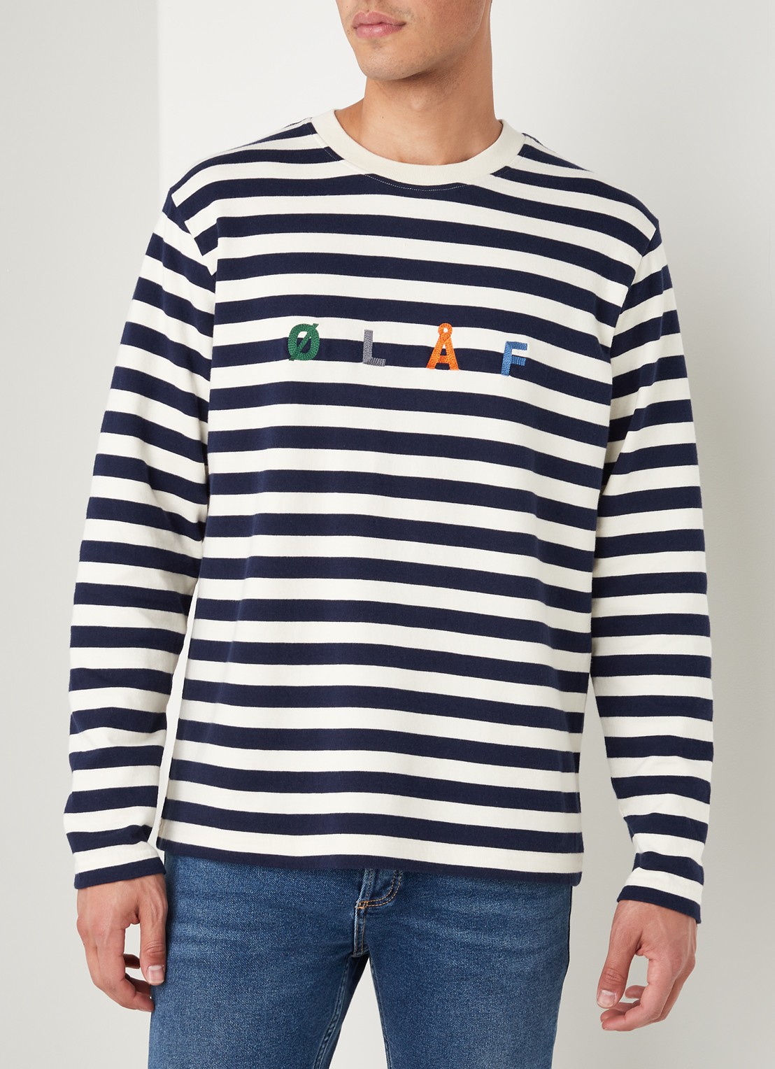 OLAF Longsleeve met streepprint en logoborduring - detail 3 wit