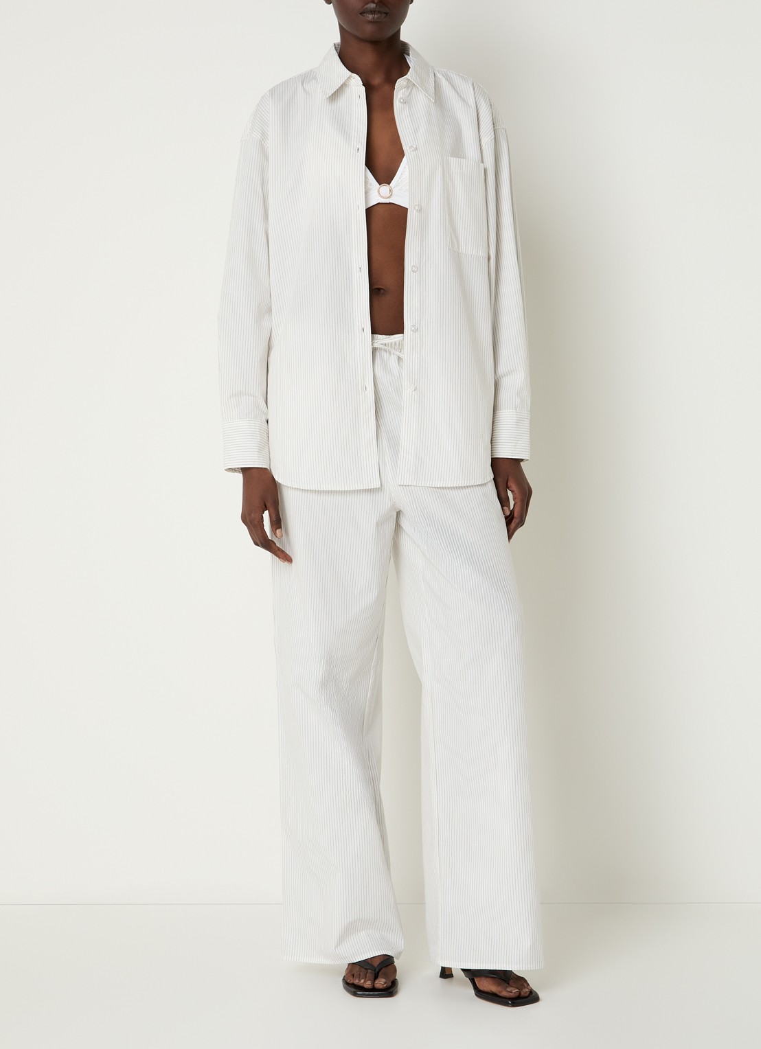 OLAF Mid waist straight fit broek met streepprint - voorkant 3 wit