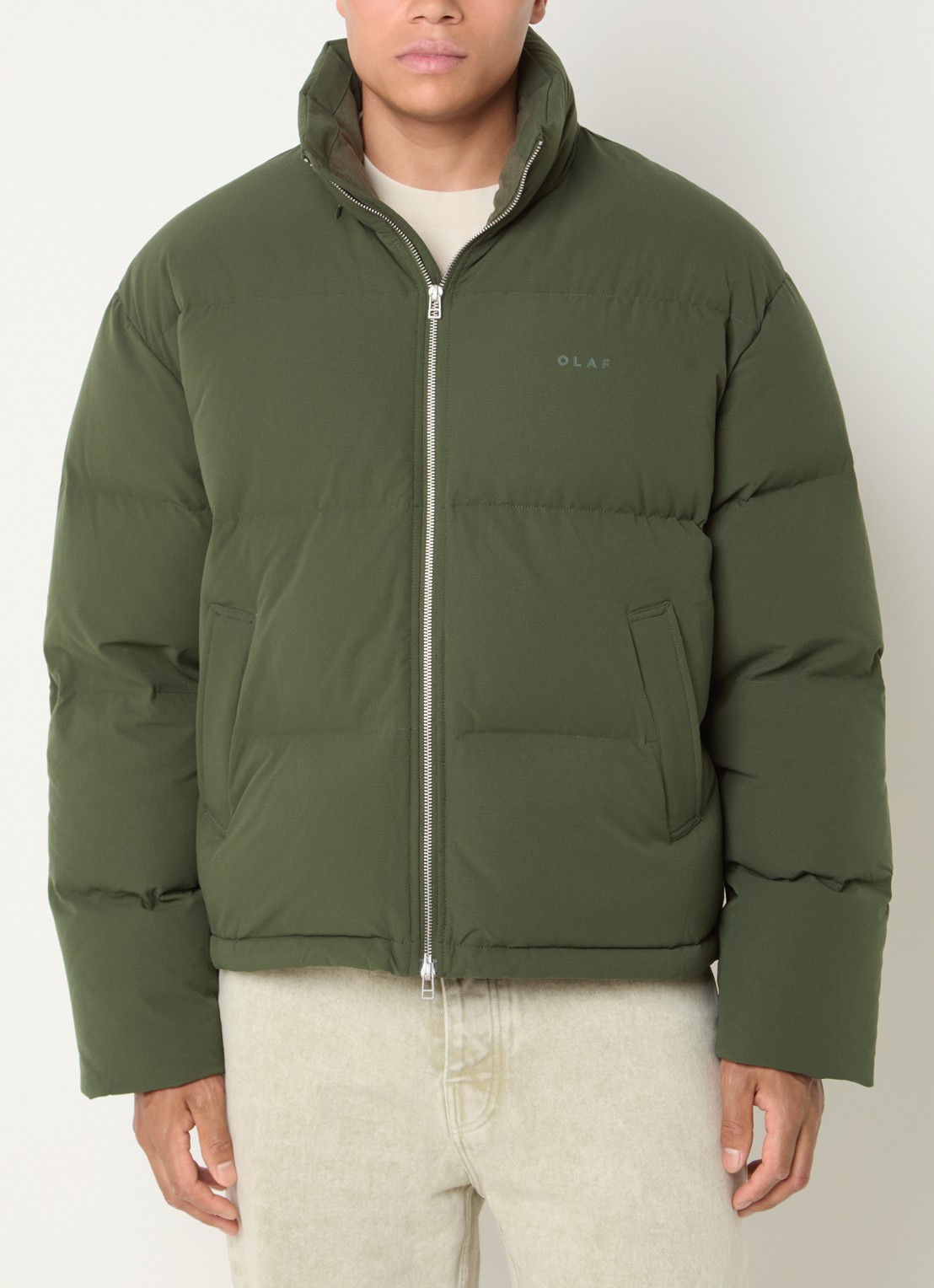 OLAF Puffer jack met opbergbare capuchon en logo - detail 3 donkergroen