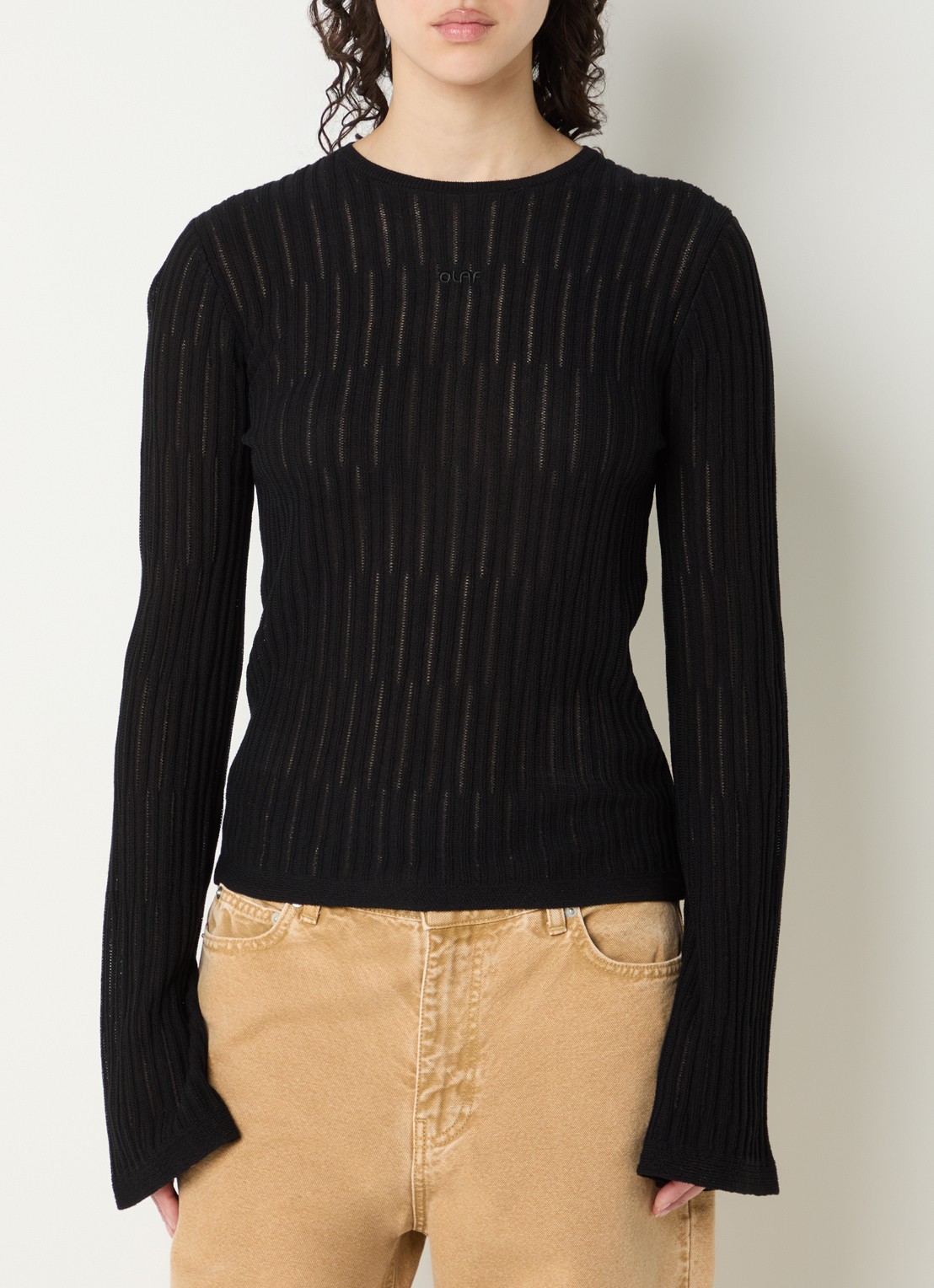 OLAF Retro grofgebreide pullover met opengewerkt dessin - detail 2 zwart