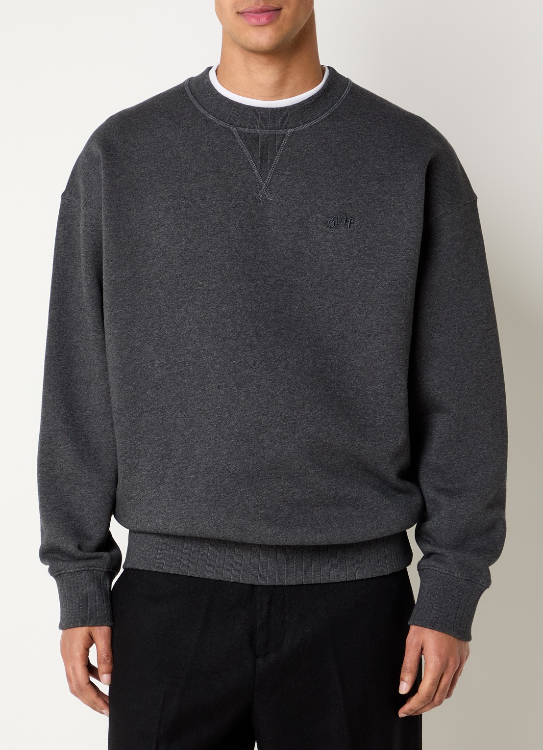 OLAF Signature Boxy sweater met gemêleerd dessin en logoborduring - detail antraciet