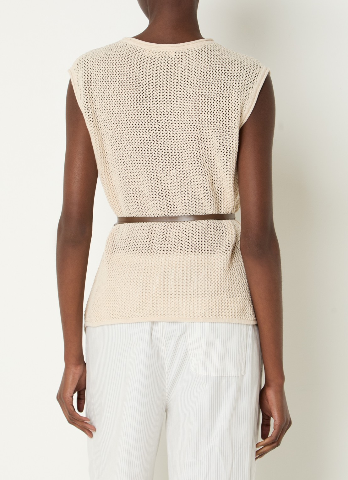OLAF Top in linnenblend met opengewerkt dessin en strikceintuur - achterkant 4 creme
