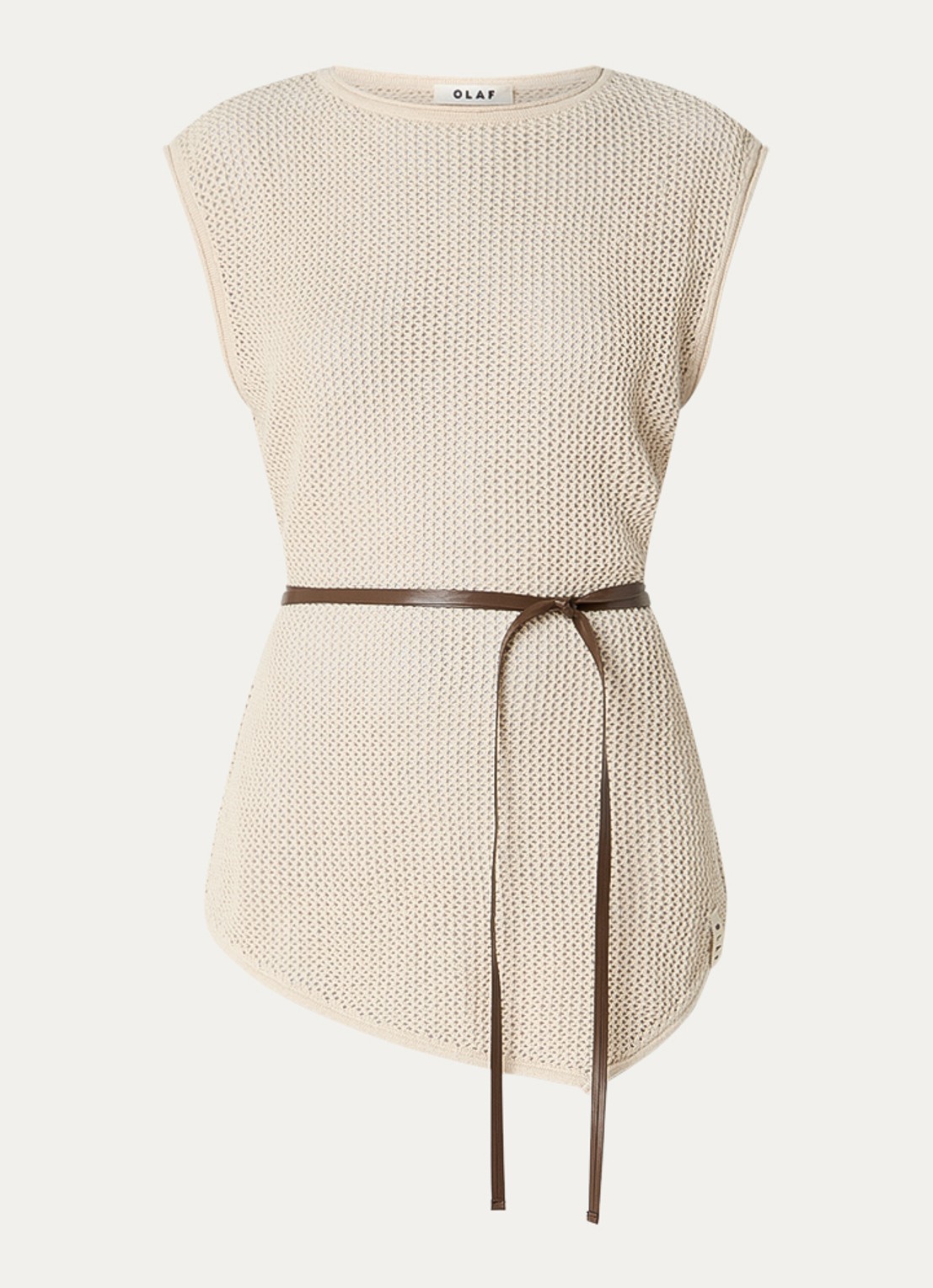 OLAF Top in linnenblend met opengewerkt dessin en strikceintuur - voorkant creme