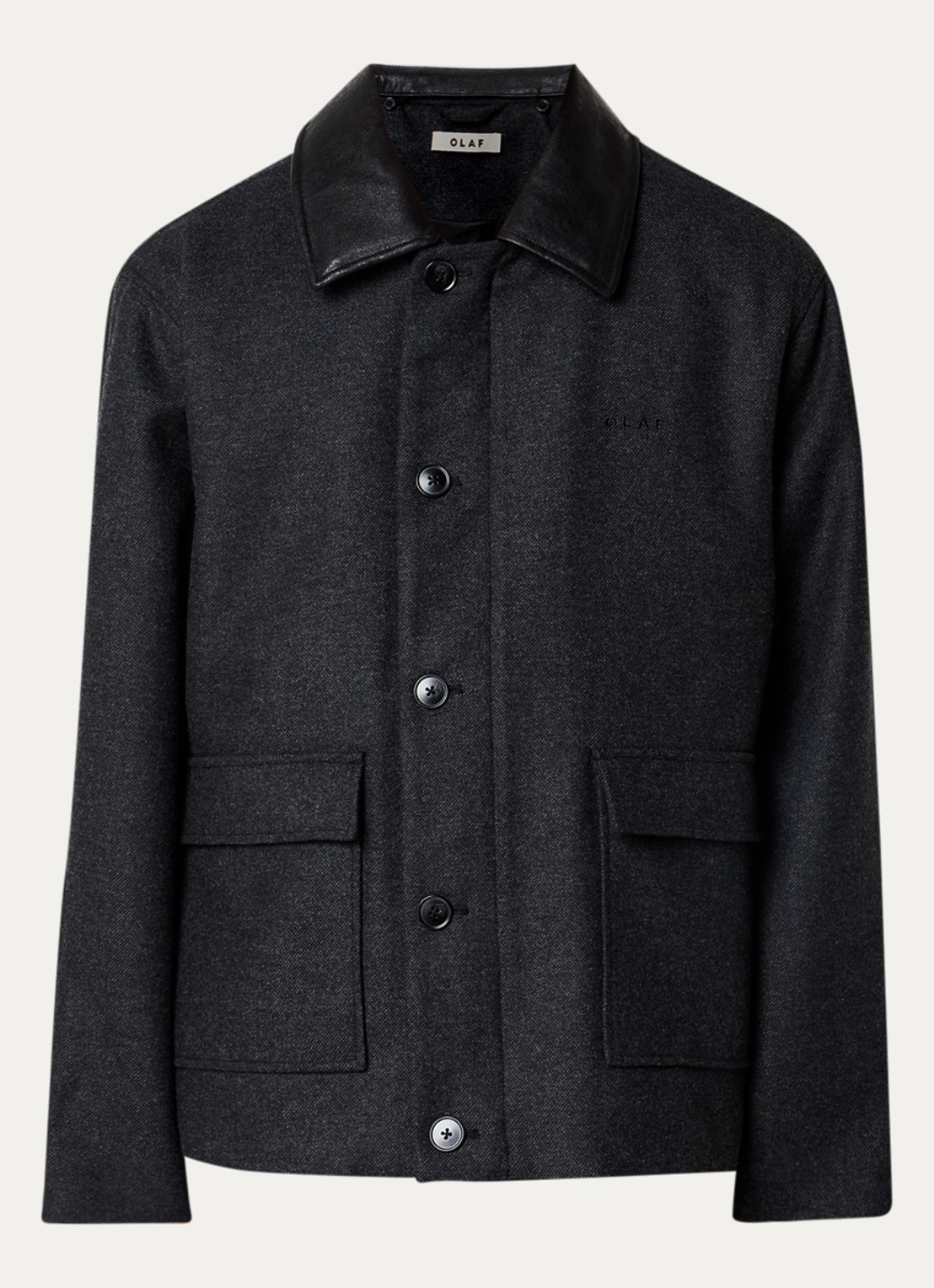 OLAF Wool Workwear jack in wolblend met gemêleerd dessin en kraag van imitatieleer - voorkant 2 antraciet