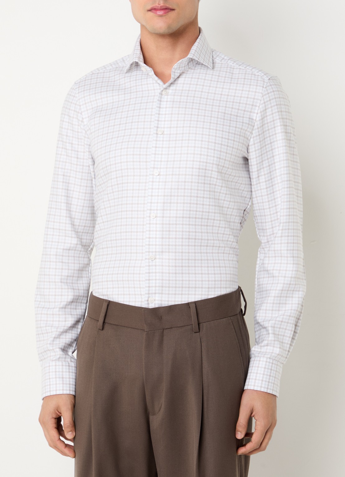 Olymp Level 5 slim fit overhemd met ruitdessin - detail 2 gebroken wit