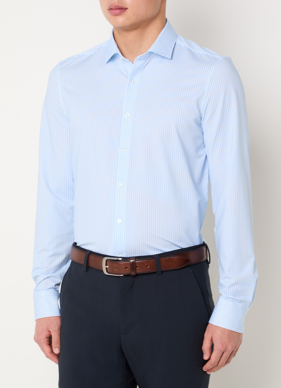 Olymp Level 5 slim fit overhemd van jersey met streepprint - detail 4 lichtblauw