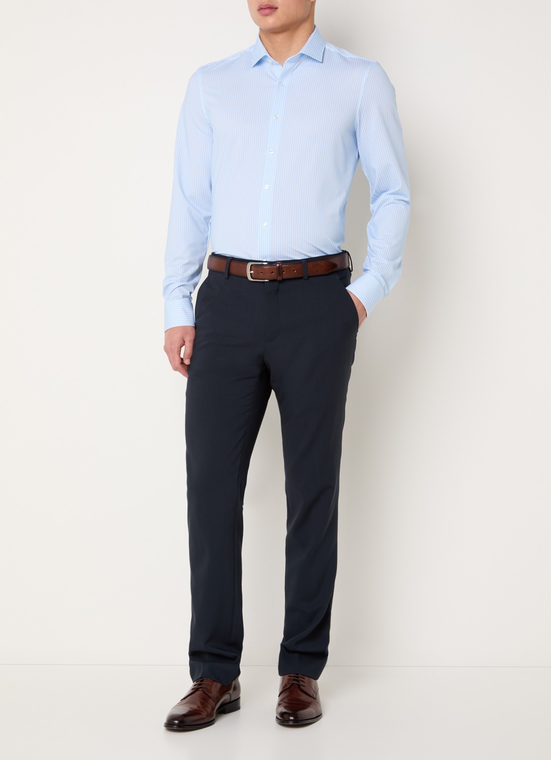 Olymp Level 5 slim fit overhemd van jersey met streepprint - voorkant 3 lichtblauw
