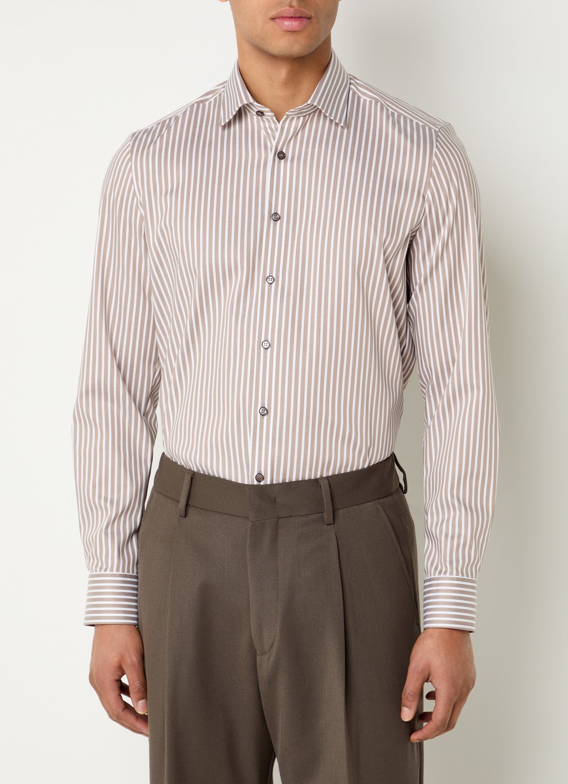Olymp Level 5 slim fit strijkvrij overhemd met streepprint - detail beige