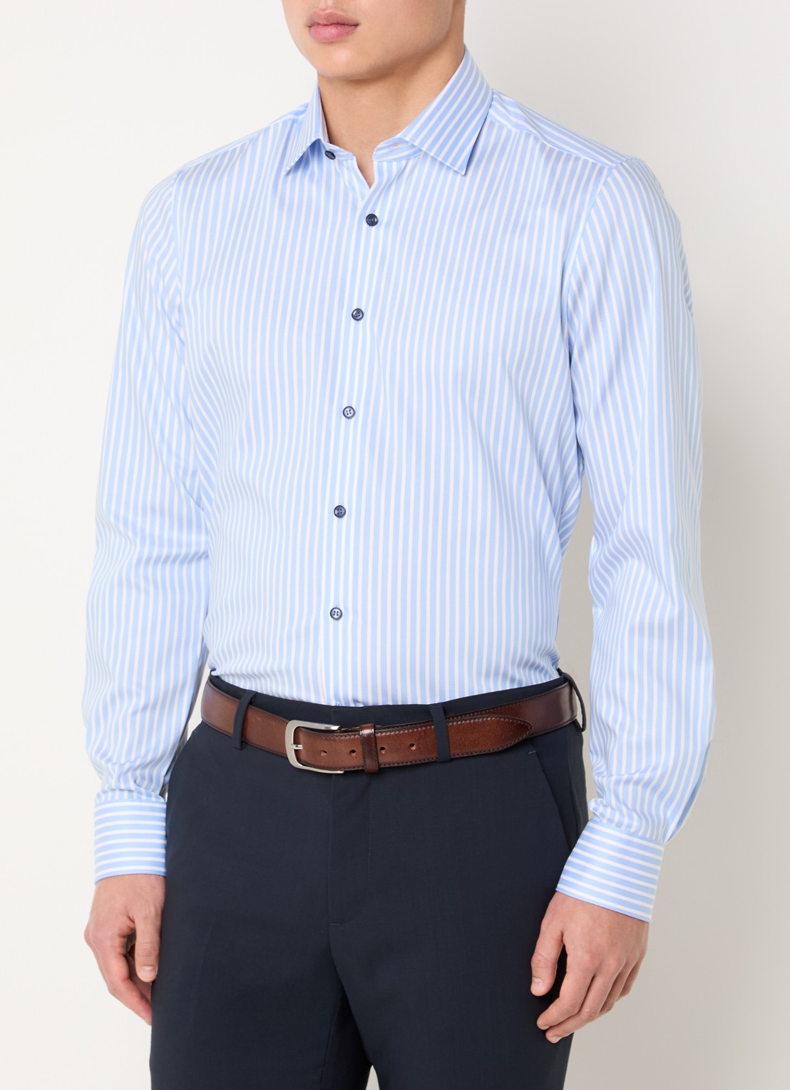 Olymp Level 5 slim fit strijkvrij overhemd met streepprint - detail 2 lichtblauw