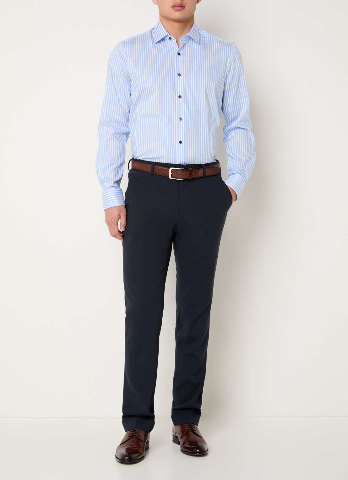 Olymp Level 5 slim fit strijkvrij overhemd met streepprint - voorkant 5 lichtblauw