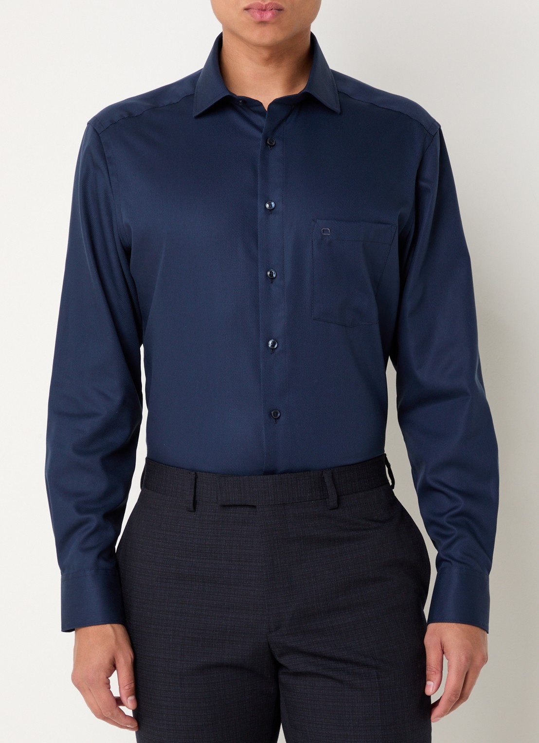 Olymp Luxor modern fit overhemd met borstzak - detail donkerblauw