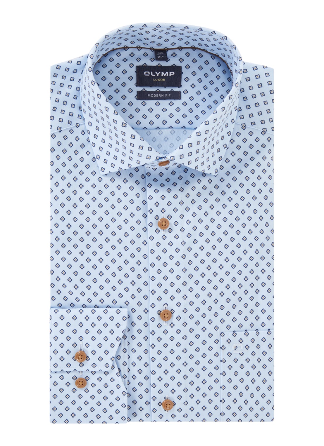 Olymp Luxor modern fit overhemd met print en borstzak - voorkant blauwgrijs
