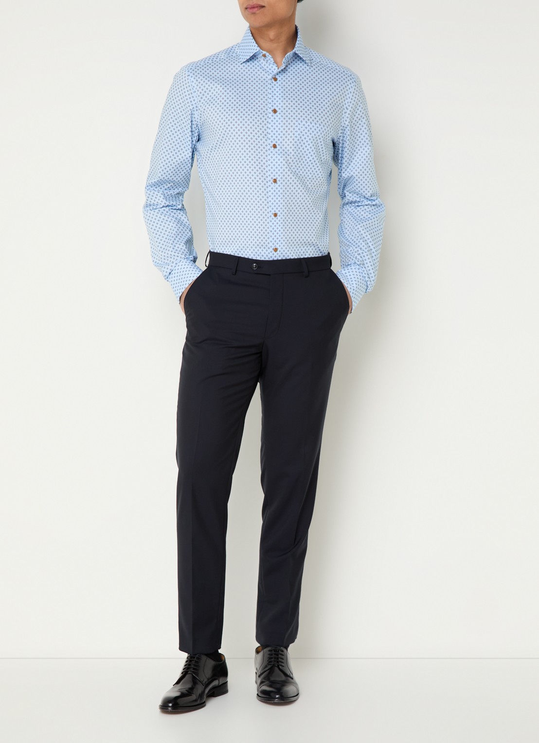 Olymp Luxor modern fit overhemd met print en borstzak - voorkant 2 blauwgrijs