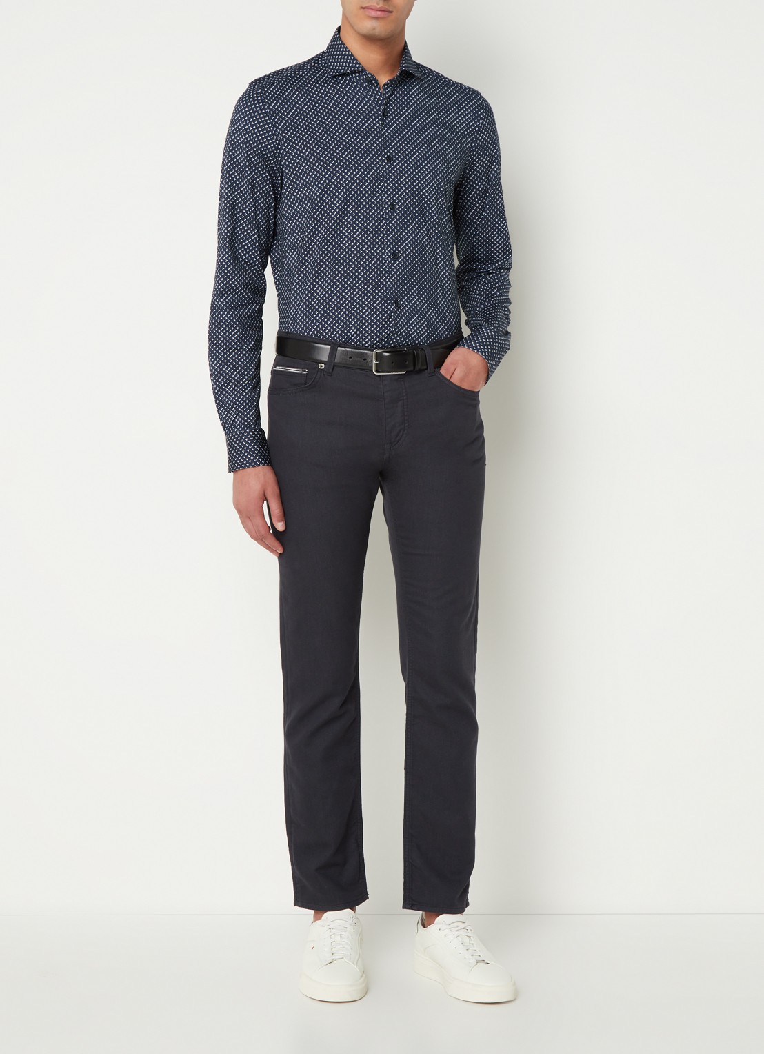Olymp Luxor modern fit overhemd van jersey   - voorkant middenblauw