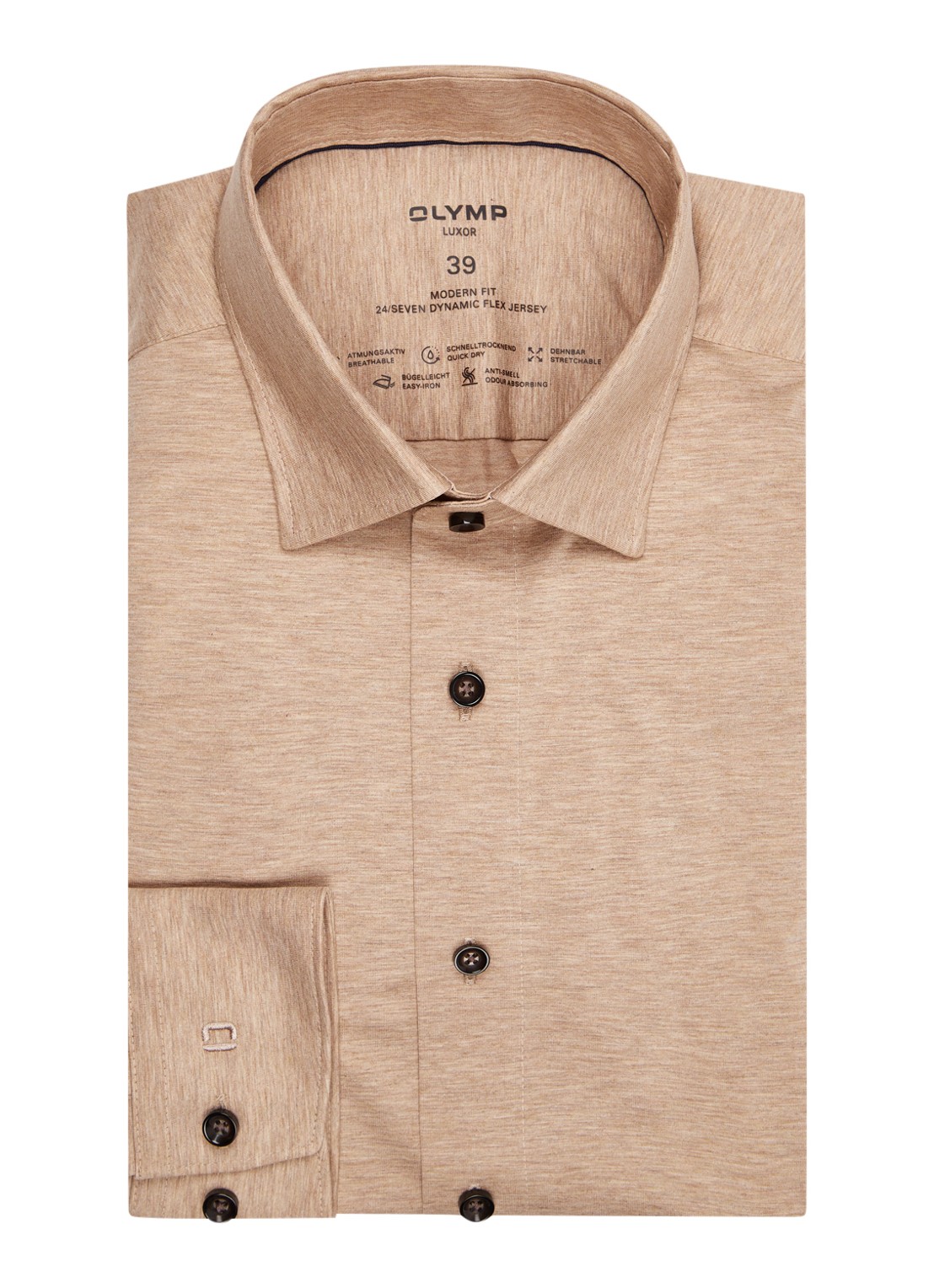 Olymp Luxor modern fit overhemd van jersey   - voorkant 2 zand