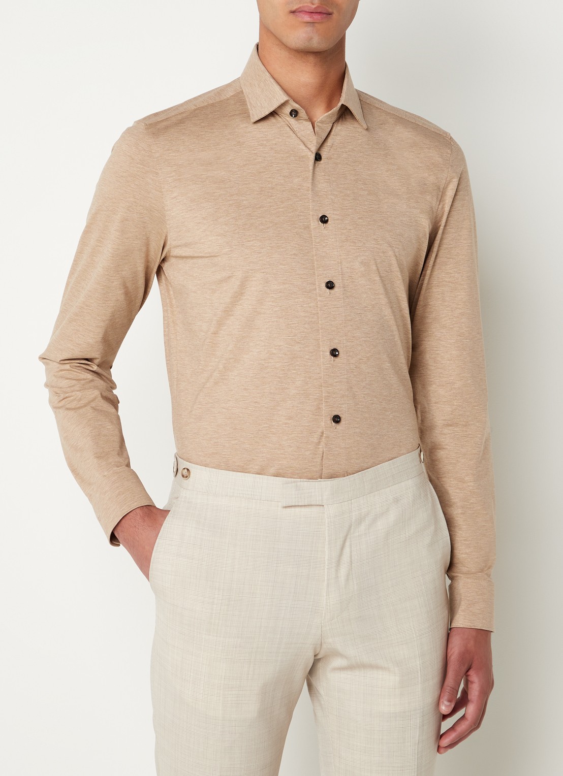 Olymp Luxor modern fit overhemd van jersey   - detail 4 zand